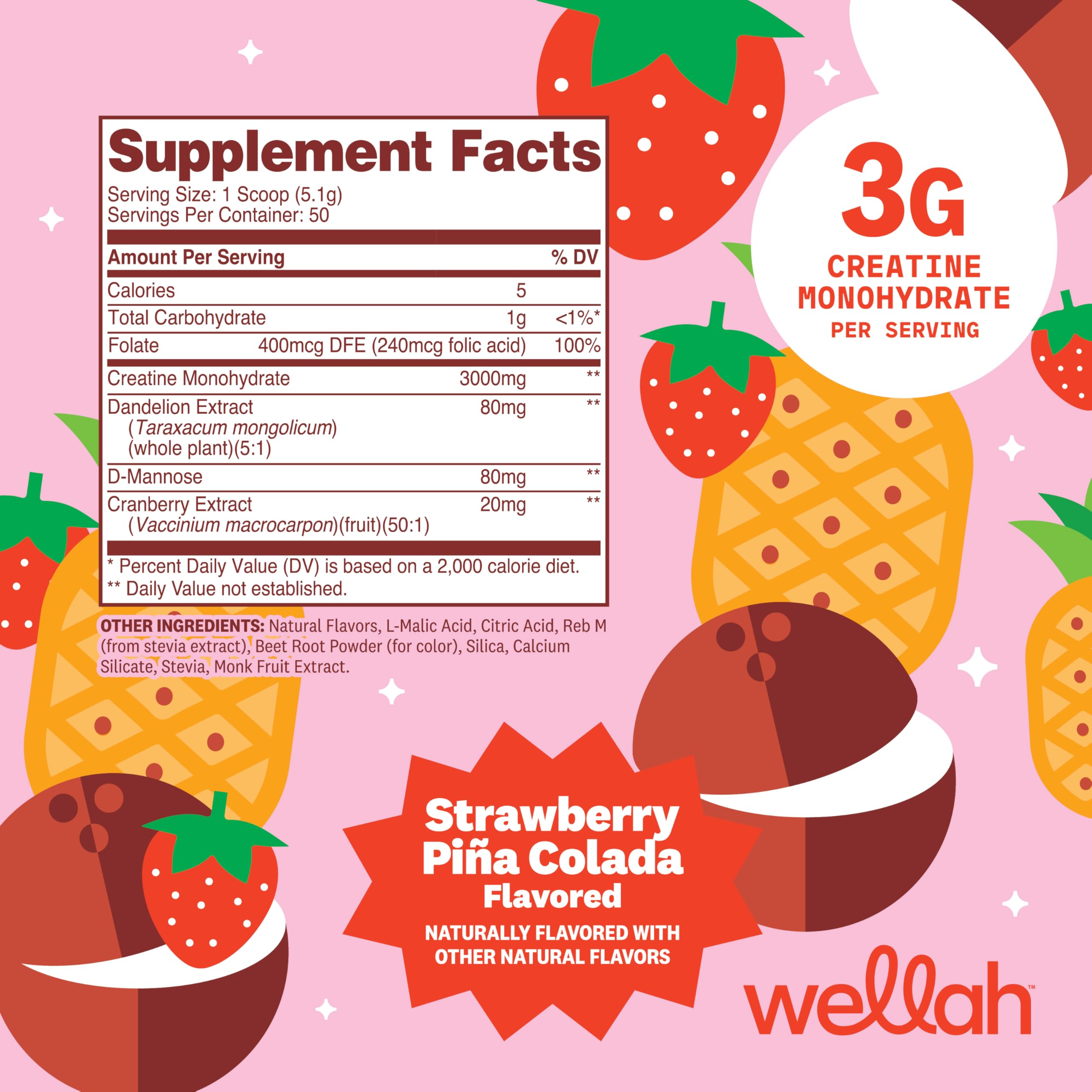 Wellah Creatine for Women - Creatine Monohydrate with Dandelion & Cranberry Extract (50 Servings, Strawberry Lemonade) | Creatine Monohydrate with Dandelion & Cranberry Extract