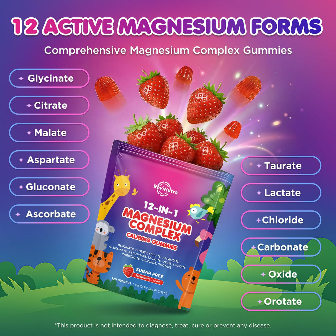 Revinutra 12-IN-1 Magnesium Complex gummies packaging with cartoon animals and strawberries on a white background