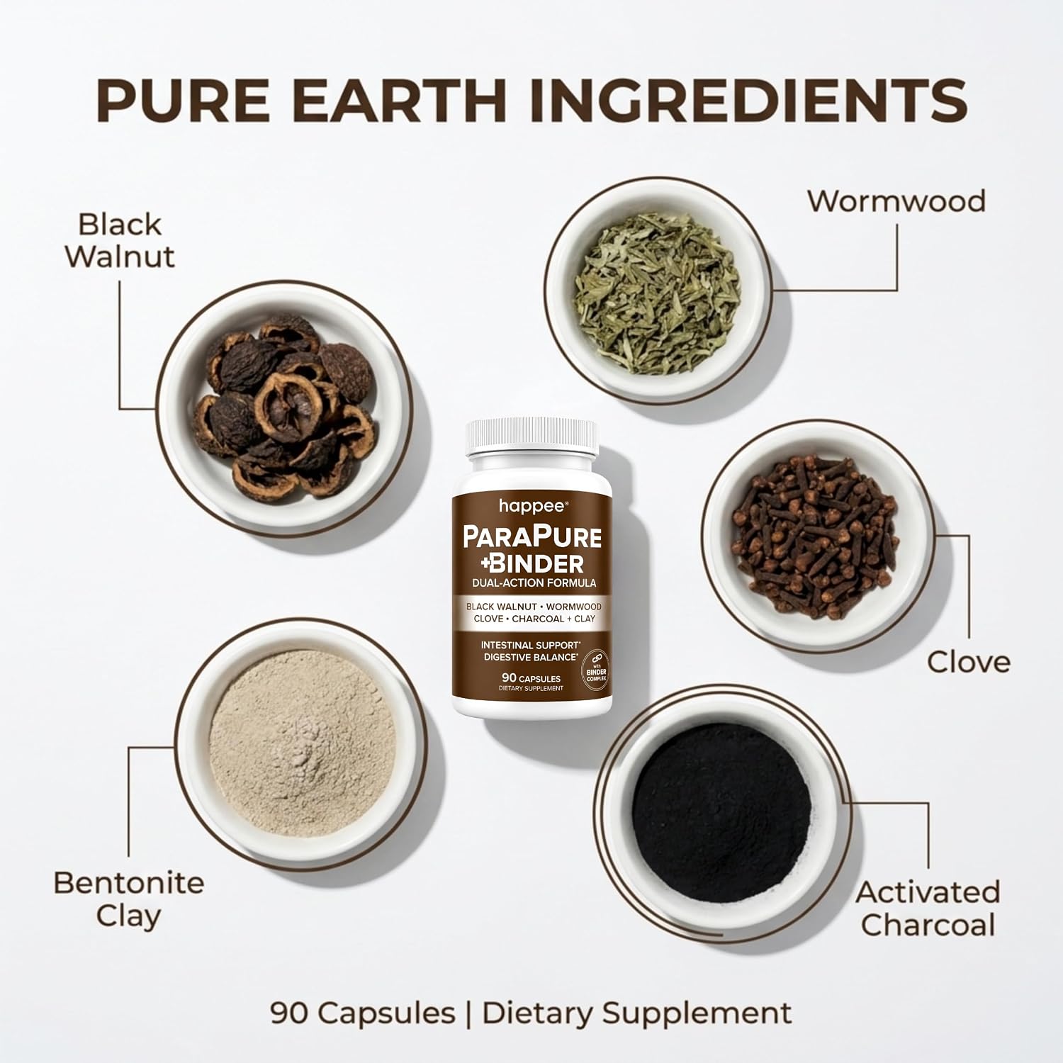 Happee ParaPure Cleanse with Binder for Humans, Intestinal Support, 2-in-1 | Wormwood, Black Walnut, Clove with Charcoal Binder for Digestive Balance (No Stack Needed) 90 Capsules