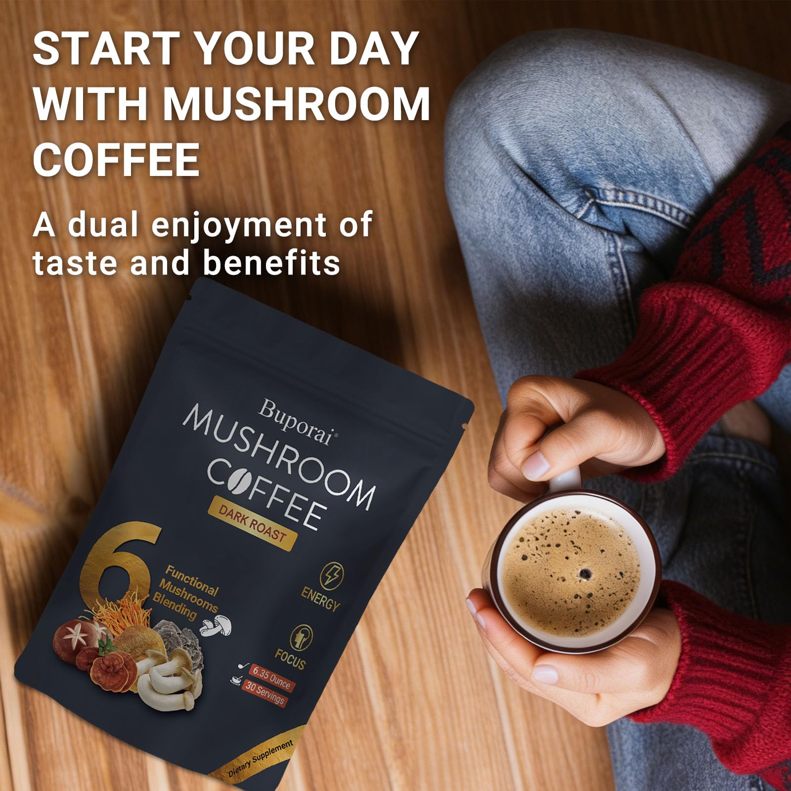 Mushroom Coffee, Instant Mushroom Coffee Organic with 6 Mushrooms Lion’s Mane, Cordyceps, Turkey Tail & Other for Energy, Focus, Digestion, Immunity, 35 Servings