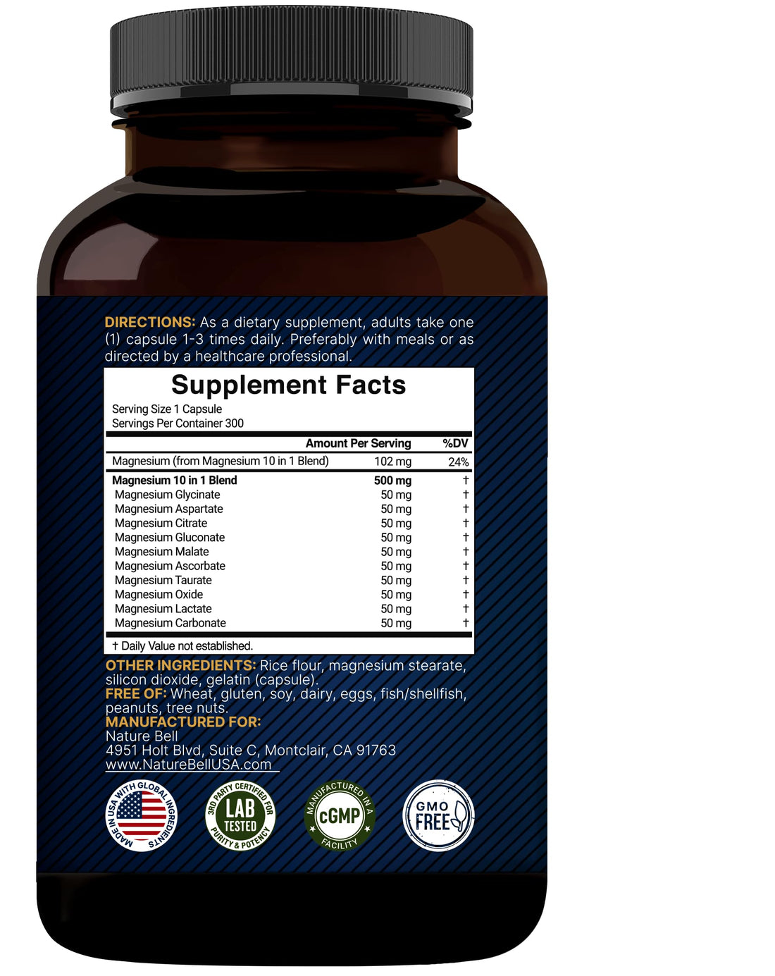Naturebell magnesium complex supplement bottle with capsules on a white background