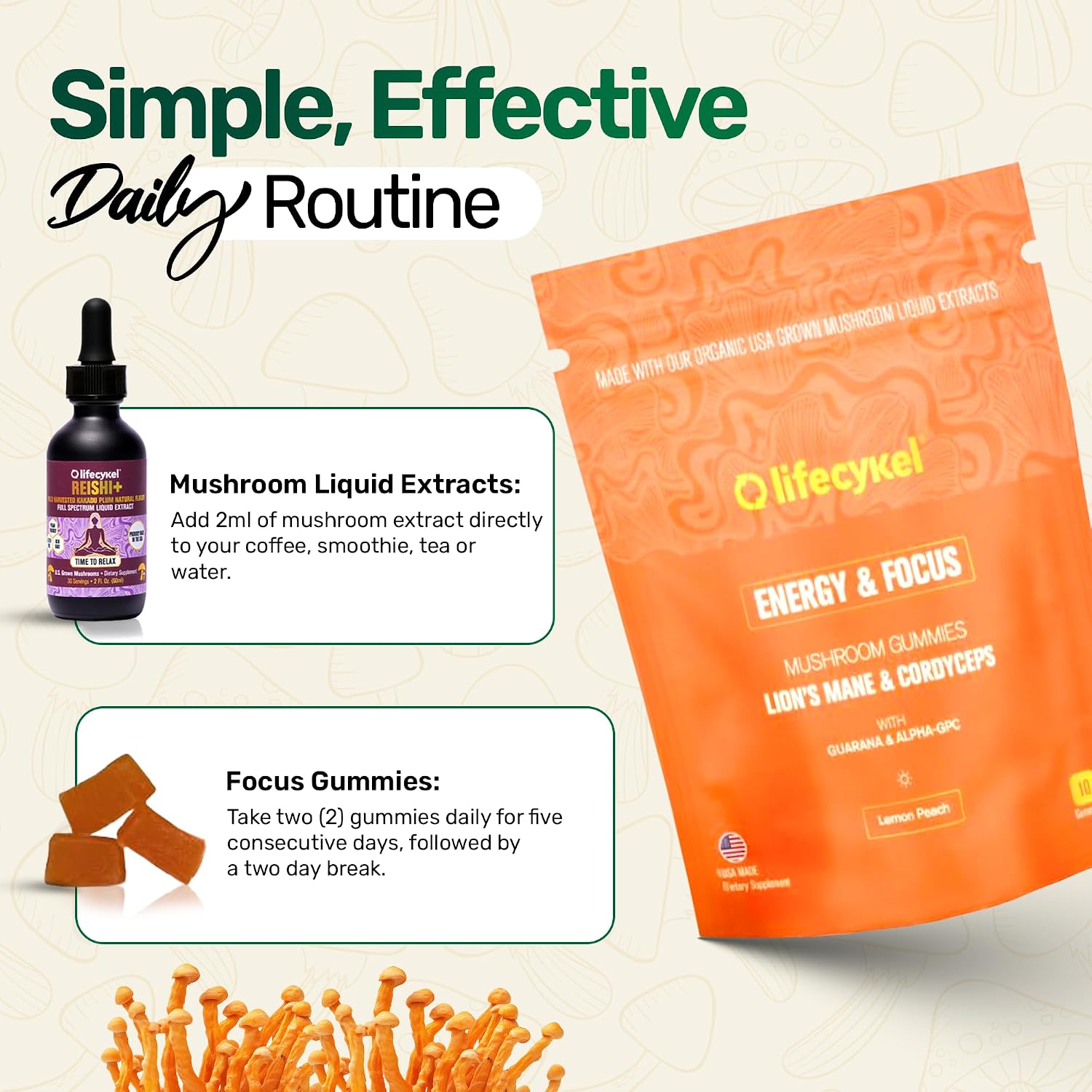 Life Cykel Cordyceps & Reishi Mushroom Extract Liquid Duo – Potent 1oz Tinctures with Included Energy & Focus Gummies (10-Count) for Enhanced Vitality, Immune Support & Mental Clarity