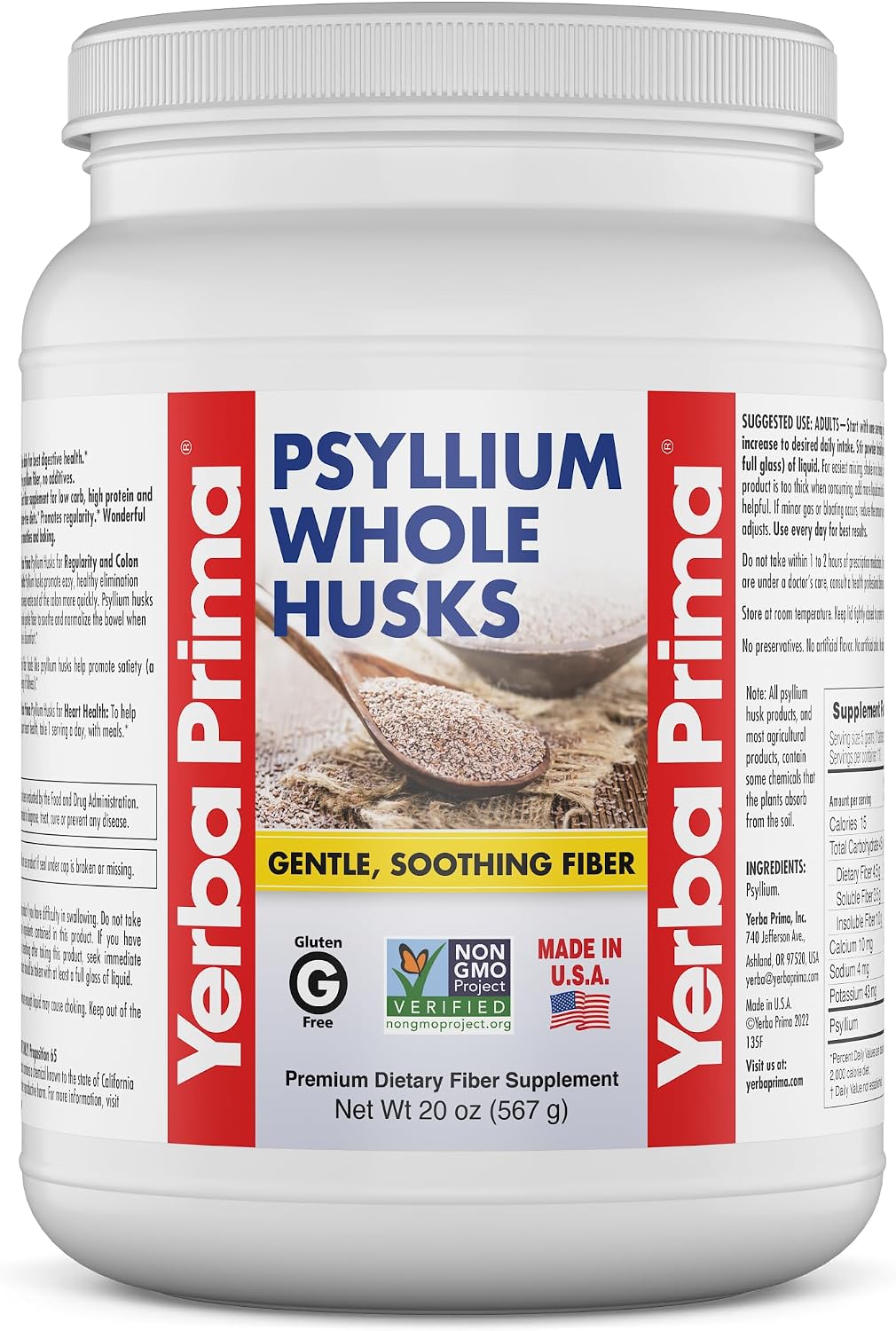 Yerba Prima Psyllium Whole Husks Fiber Supplement 20oz - Colon Cleanse - Gut Health - Vegan Non-GMO Gluten Free