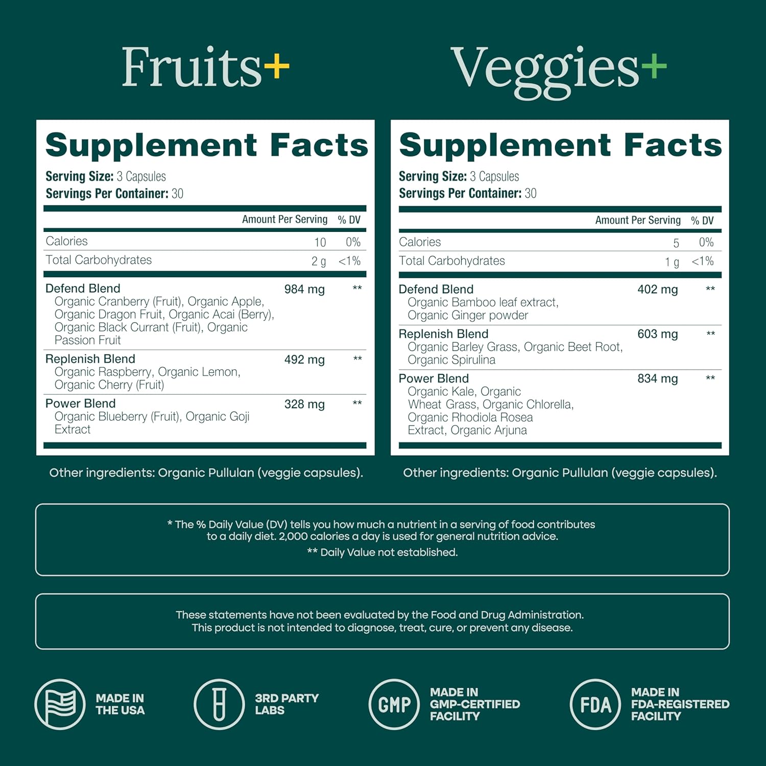 USDA Organic Fruits and Veggies Supplement, 31 Whole Foods, 180 Vegan Ct | Food berry & greens supplements blend for energy, immune & digestive support, vegan, non-GMO, gluten free, third-party tested
