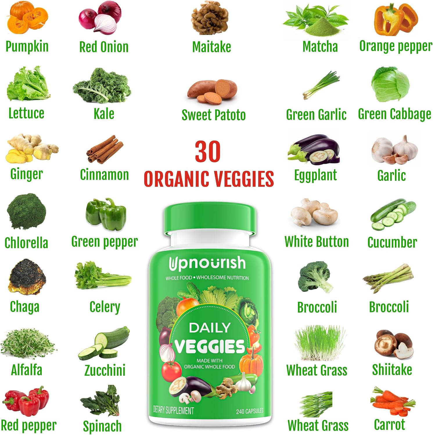 UpNourish Organic Fruits and Veggies Supplement - Support Diet Balance, Body Cleanse & Energy - 480 Fruits and Super Greens Capsules from Nature - Fruit and Vegetable Supplements for Adults & Kids