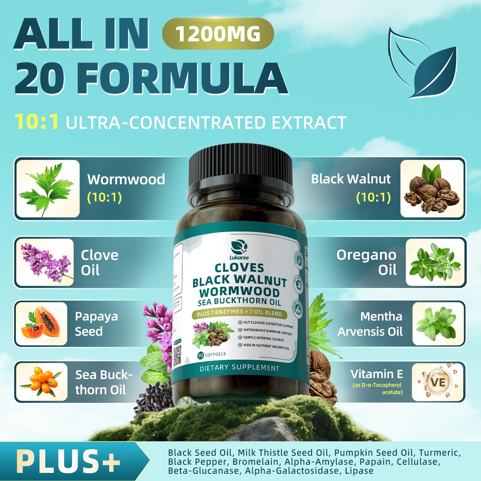 Wormwood Black Walnut Clove Cleanse for Humans Softgels | 20-in-1 Extra Strength | Gut Cleanse & Digestive Health w/ 7 Oils & 7 Enzymes| Concentrated, Men & Women Natural Herb -120 CT