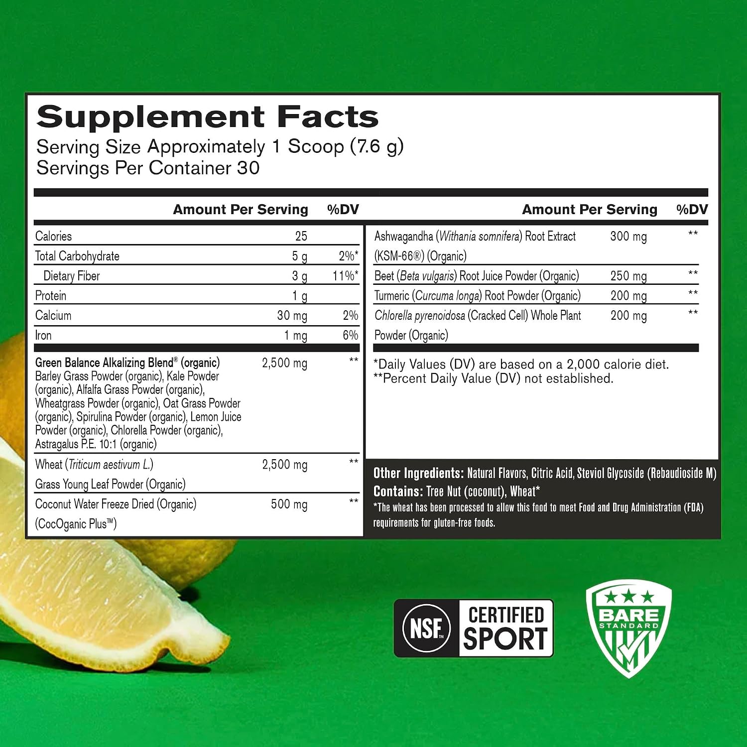 BARE PERFORMANCE NUTRITION, BPN Strong Greens Superfood Powder, Lemon, 30 Servings