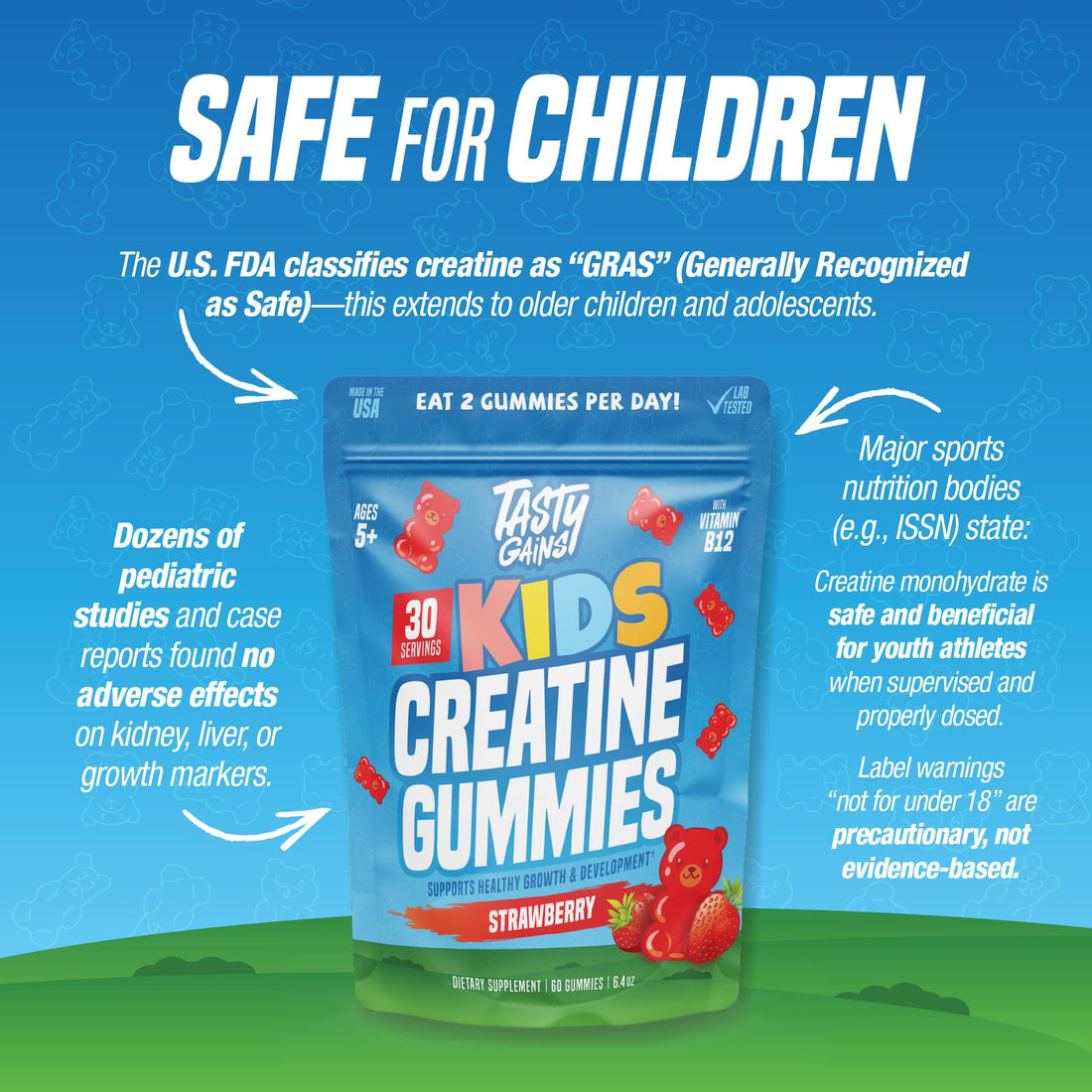 Package of Tasty Gains Kids Creatine Gummies with strawberry flavor on a white background