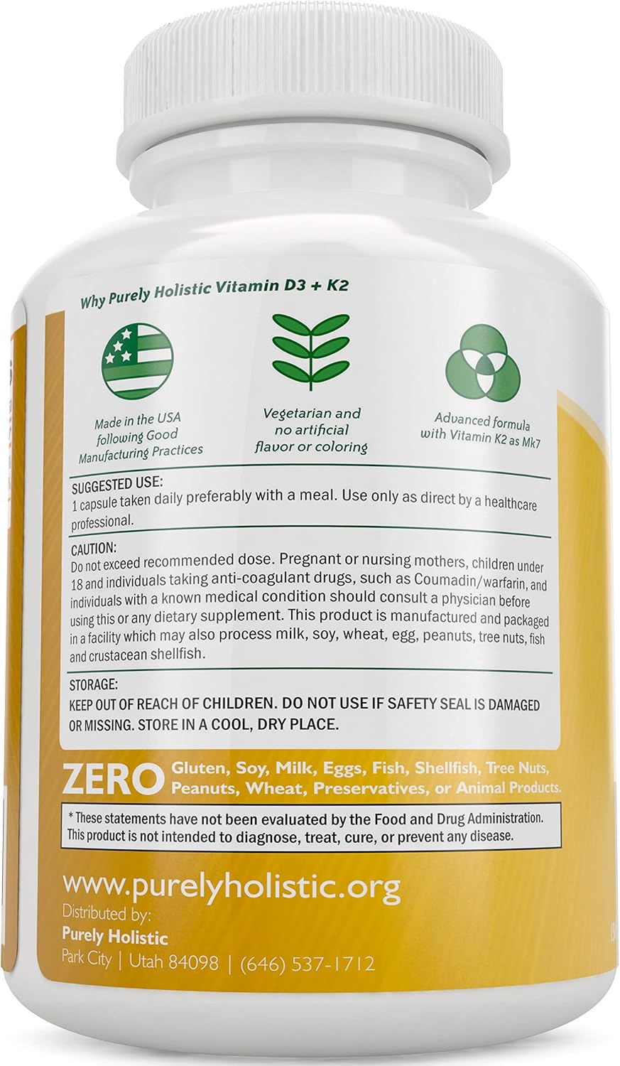 Purely Holistic Red Yeast Rice 1200mg with CoQ10 & Niacin + Vitamin D3 5000 IU (125mcg) & K2 MK7 90mcg Bundle - 270 Vegetarian Capsules - Made in USA