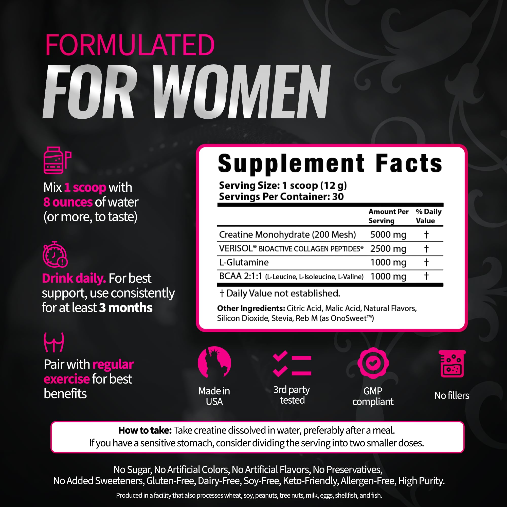 Bold Buns Creatine for Women – Supplement with Collagen & BCAA – Supports Muscle Development, Post-Workout Recovery, Skin Elasticity, Healthy Hair & Nail (30 Servings, Unflavored)
