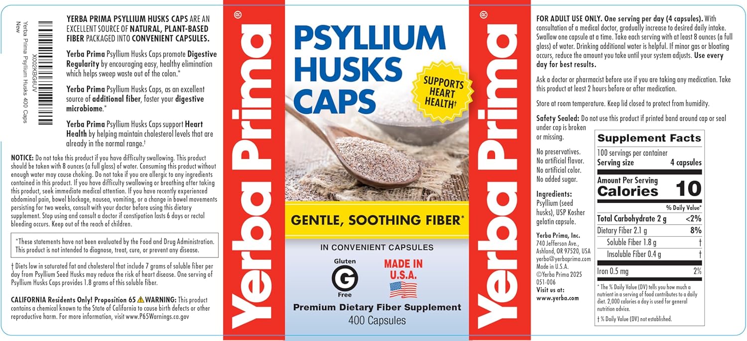 Yerba Prima Psyllium Husks Caps, 400 Capsules - Natural Fiber for Men and Women - Regularity Support Supplement