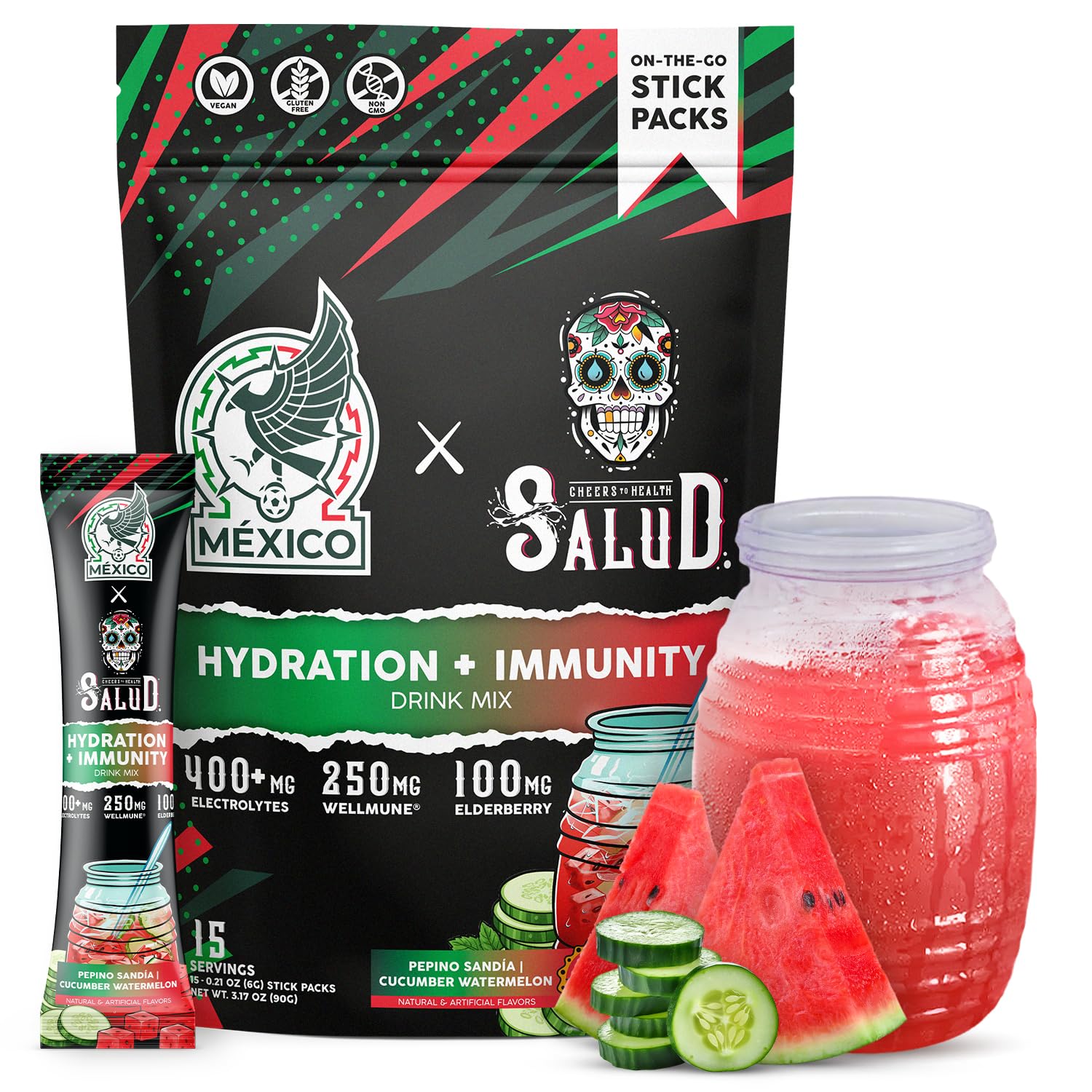 Salud 2-in-1 Hydration + Immunity Drink Mix, Cucumber Lime | Electrolytes Powder, Agua Fresca, Elderberry, Dairy & Soy Free, Non-GMO, Gluten Free, Vegan, 1g Sugar (15 Servings)
