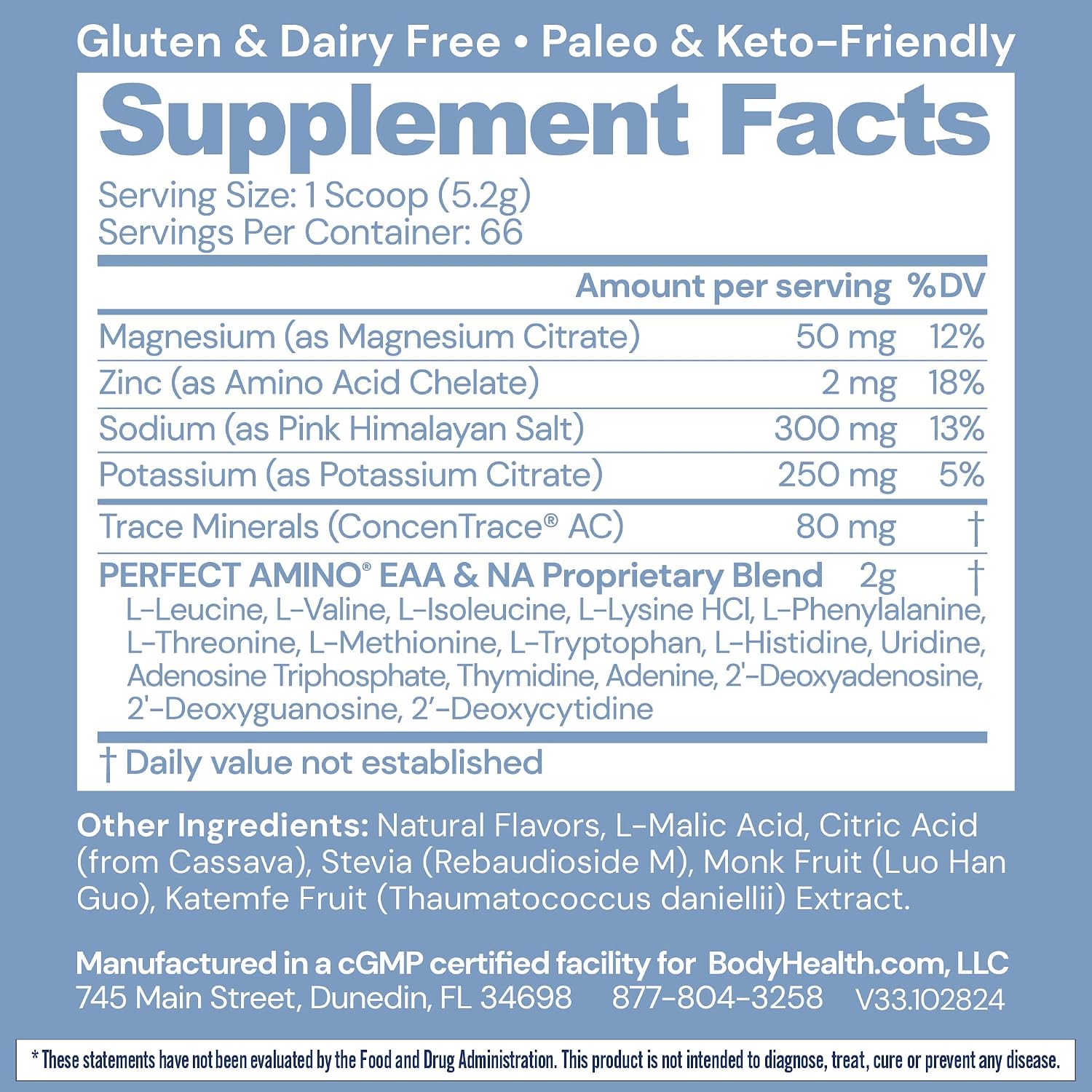 BodyHealth PerfectAmino Electrolytes Powder No Sugar, Hydration Fasting Keto Zero Sugar Electrolytes Drink Mix with Trace Minerals - NSF Certified for Sport - Watermelon - 66 Servings