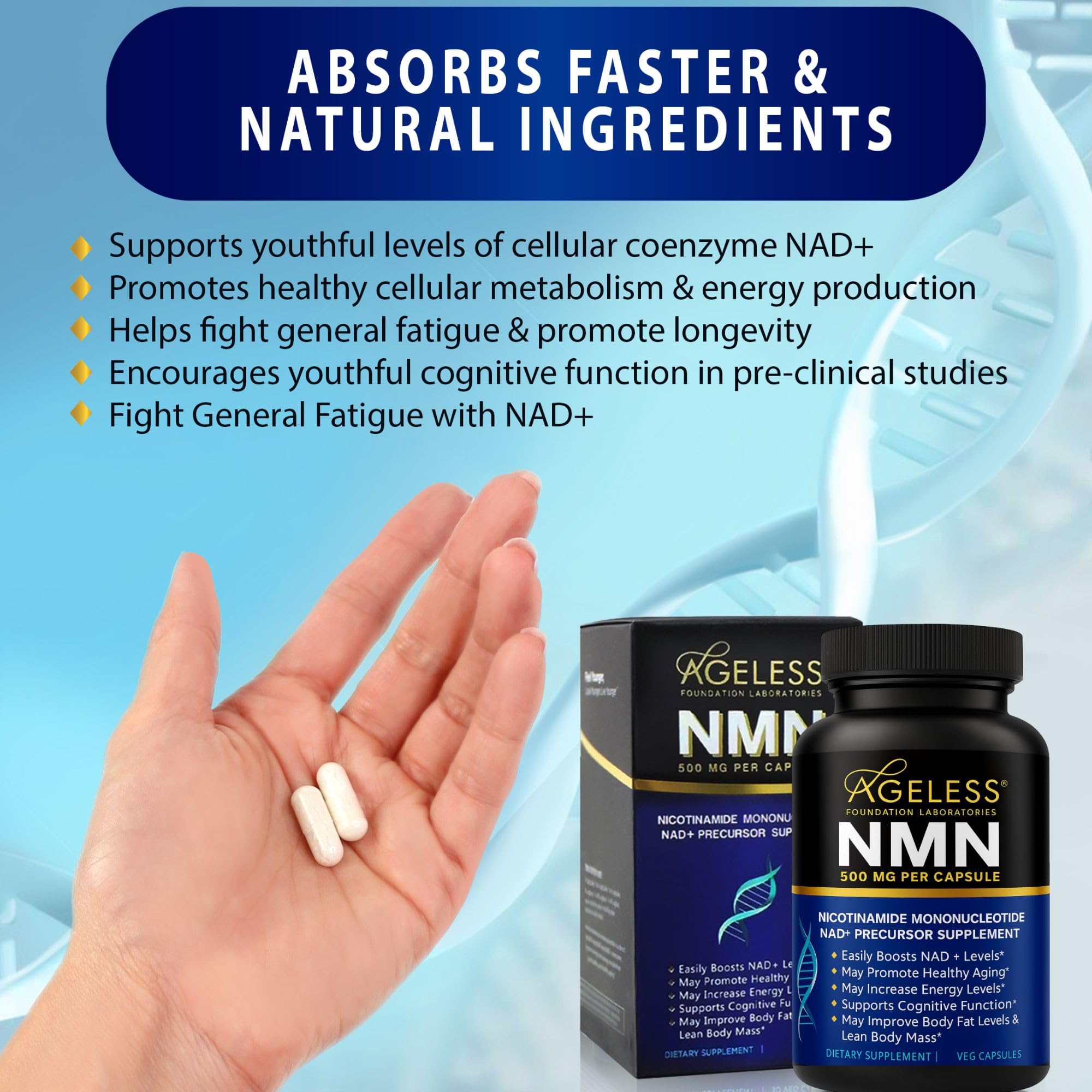 NMN Supplement 500mg For Women & Men 90 Capsules, Supports skin health | 99% Pure Nicotinamide Mononucleotide, NAD Boost for Healthy Aging & Cellular Energy, Longevity Support, Non-GMO Vegan