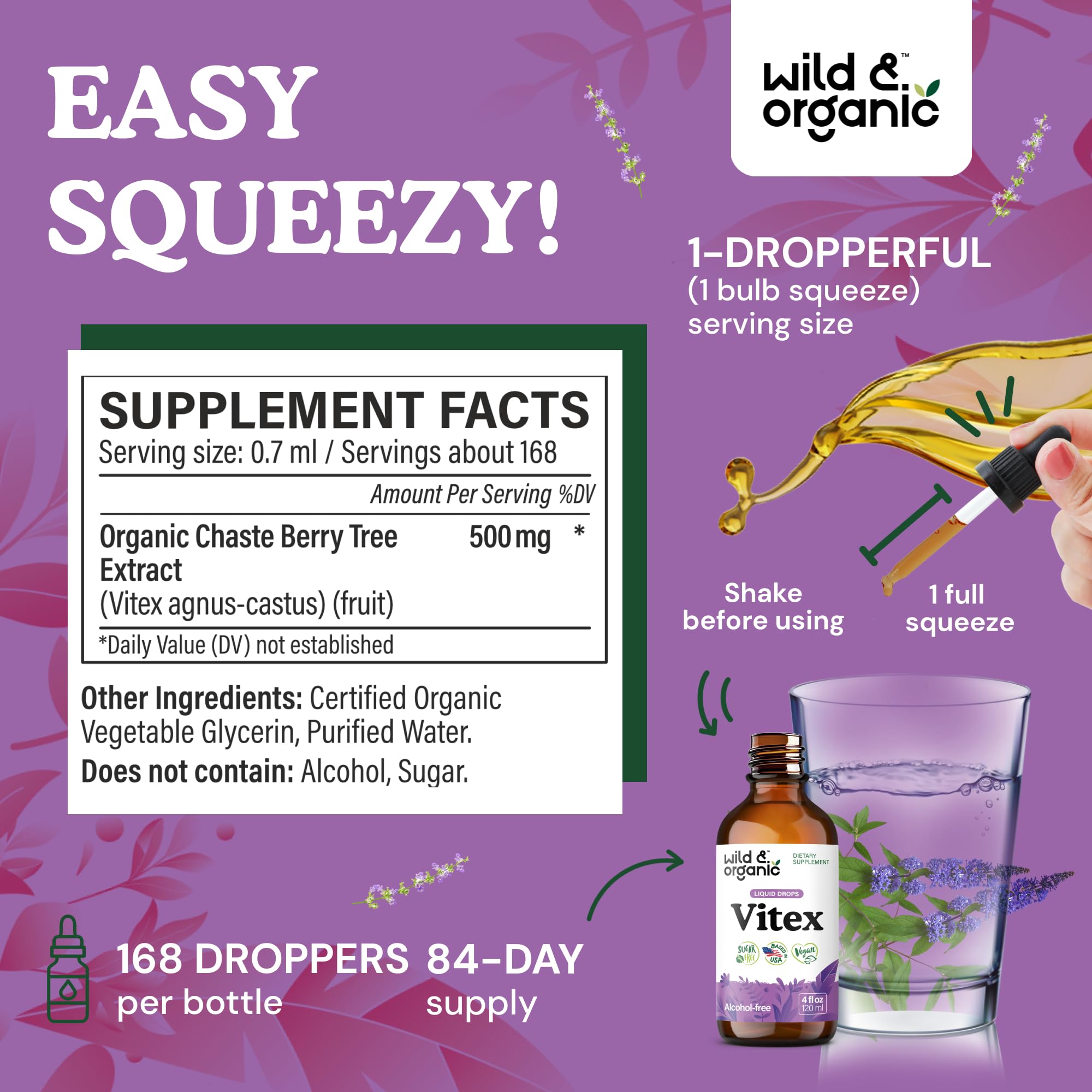 Wild & Organic Vitex Tincture - Mood & Perimenopause Support - Vitex Chasteberry Supplement for Women - Liquid Chaste Tree Berry Extract - Vegan, Sugar & Alcohol-Free Herb Drops - 4 fl oz