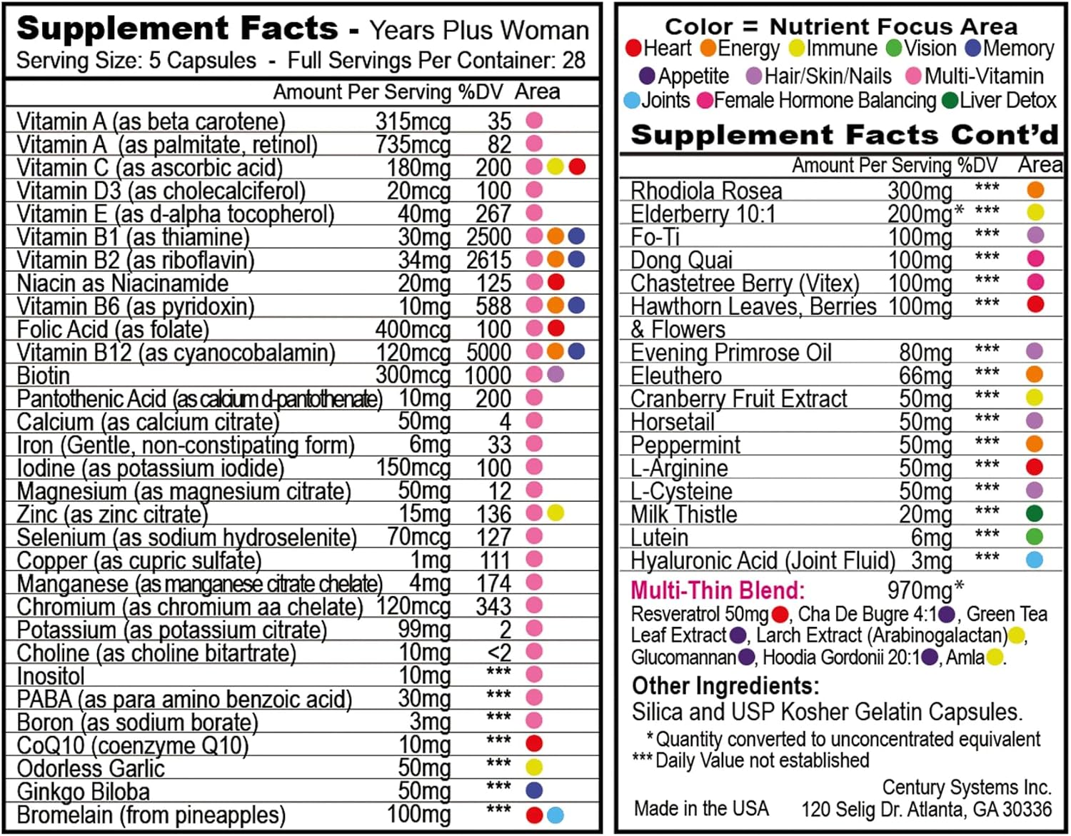 Century Systems H.E.A.L. Quick Years Plus Woman - 140 Capsules | Complete Multivitamin for Women 45+ with Green Tea Extract, Evening Primrose Oil, Resveratrol & Rotiola - 28 Servings