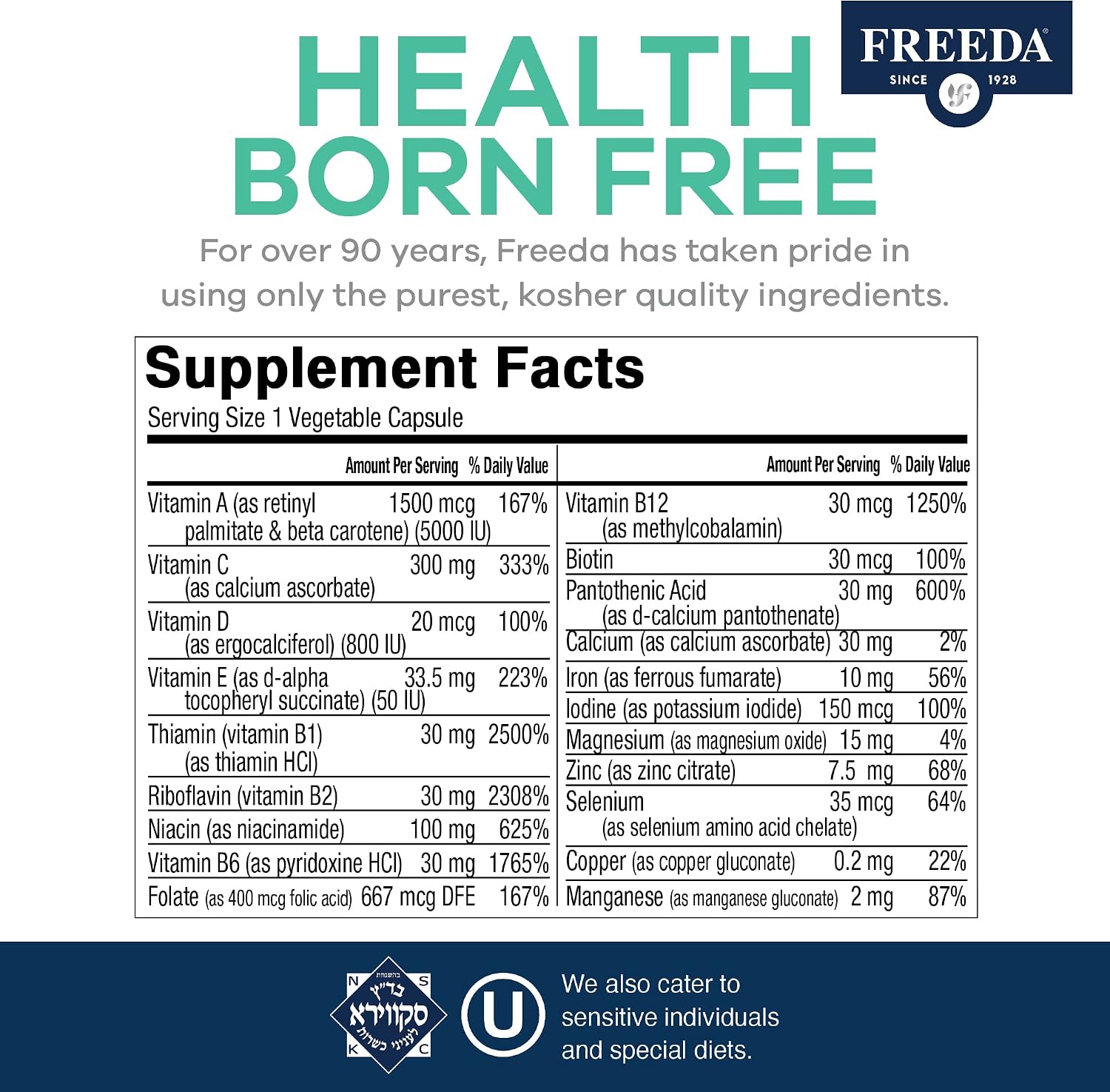FREEDA Multivitamin – Quintabs-M with Iron – Kosher Multi Vitamins Supplements for Women Health - Multivitamins for Women & Iron-Deficient Men Adult Vitamins Multivitamin (100) | Kosher Multivitamin with Iron Formulated for Women & Men - Supporting Daily