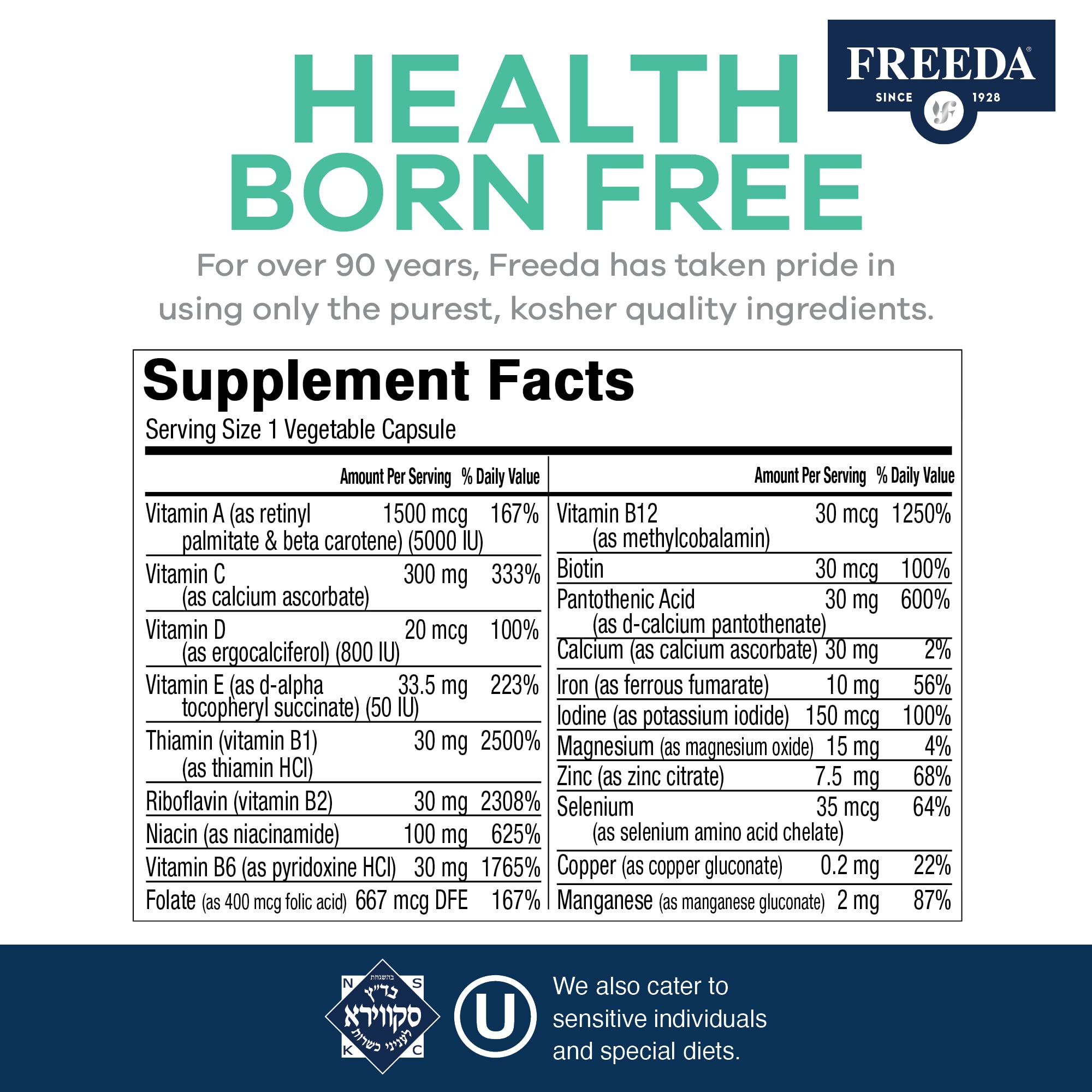 FREEDA Multivitamin – Quintabs-M with Iron – Kosher Multi Vitamins Supplements for Women Health - Multivitamins for Women & Iron-Deficient Men Adult Vitamins Multivitamin (100) | Kosher Multivitamin with Iron Formulated for Women & Men - Supporting Daily