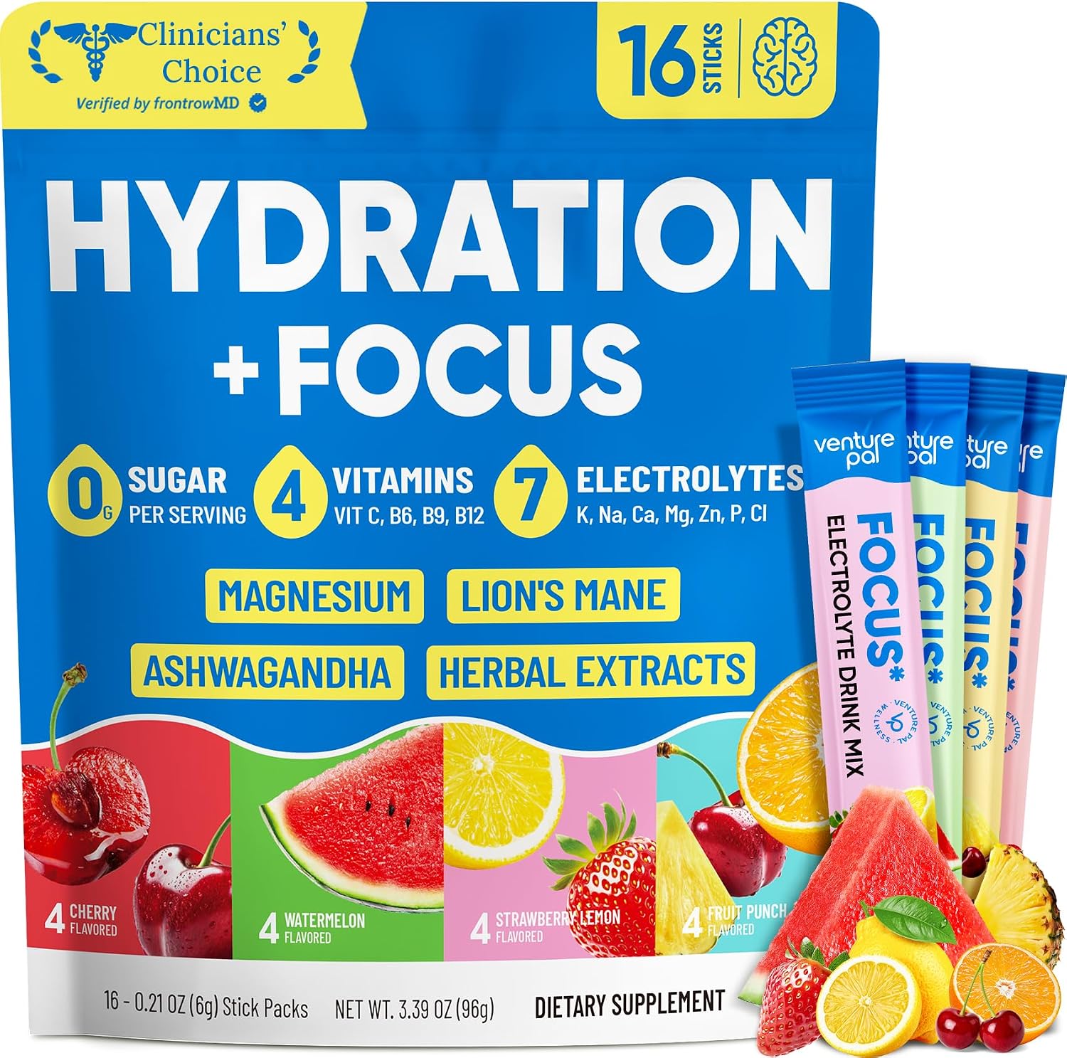 Venture Pal 2-in-1 Focus Support Electrolytes Powder + High Sodium Sugar-Free Electrolyte Powder Packets Bundle, Hydration Packets with Vitamins, Lion's Mane, Ashwagandha, Sodium, Potassium & Magnesiu