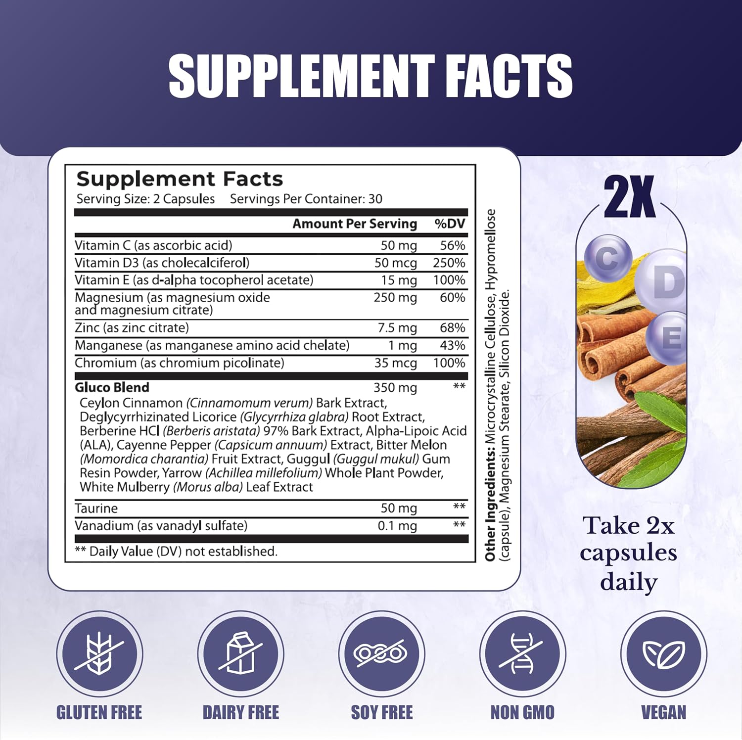 Gluco24 | Supplements with Berberine, Ceylon Cinnamon | Bitter Melon, Vegan, Non GMO. 30 Days Supply. 60 Capsules