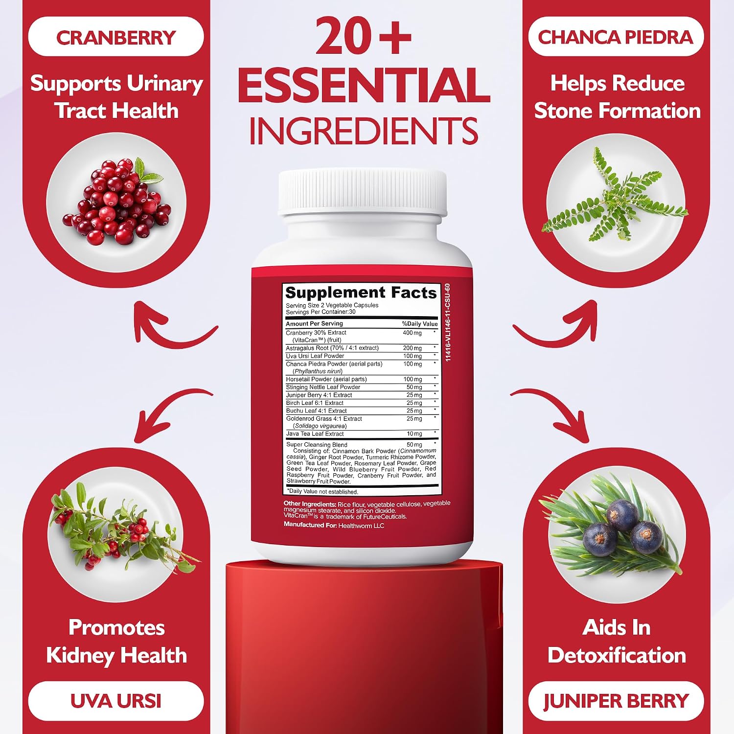 Kidney Cleanse Detox & Repair Formula – Natural Kidney Support Supplement with Cranberry & 21 Herbs for Renal, Bladder, & Urinary Tract Health – Flush Toxins & Renew - 60 Capsules