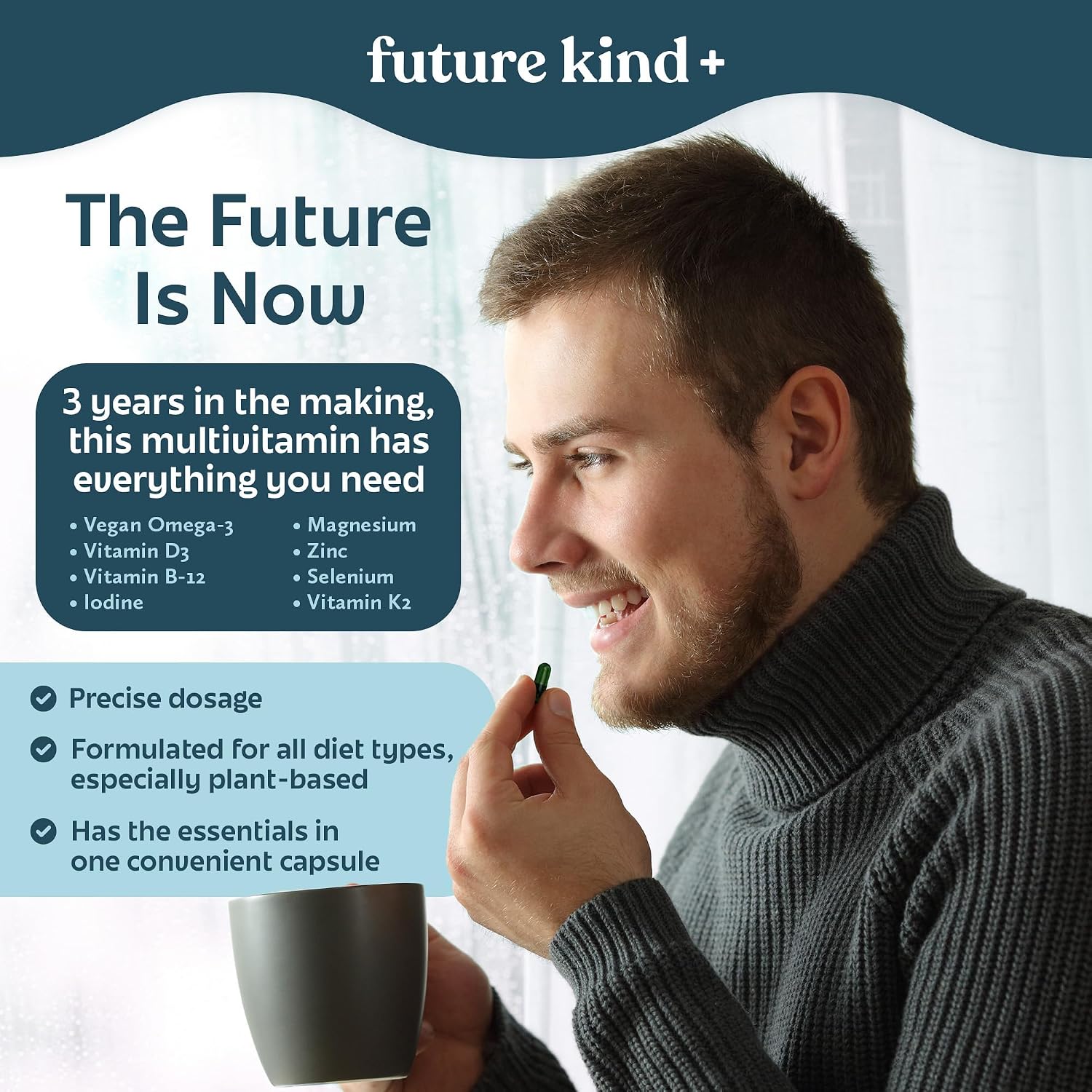 Future Kind Carrageenan-Free Foundations Multivitamin for Women & Men with Omega-3, B12, D3, Zinc, Iodine, Magnesium, K2 & Selenium, Vegan, Compostable Bag (60ct)