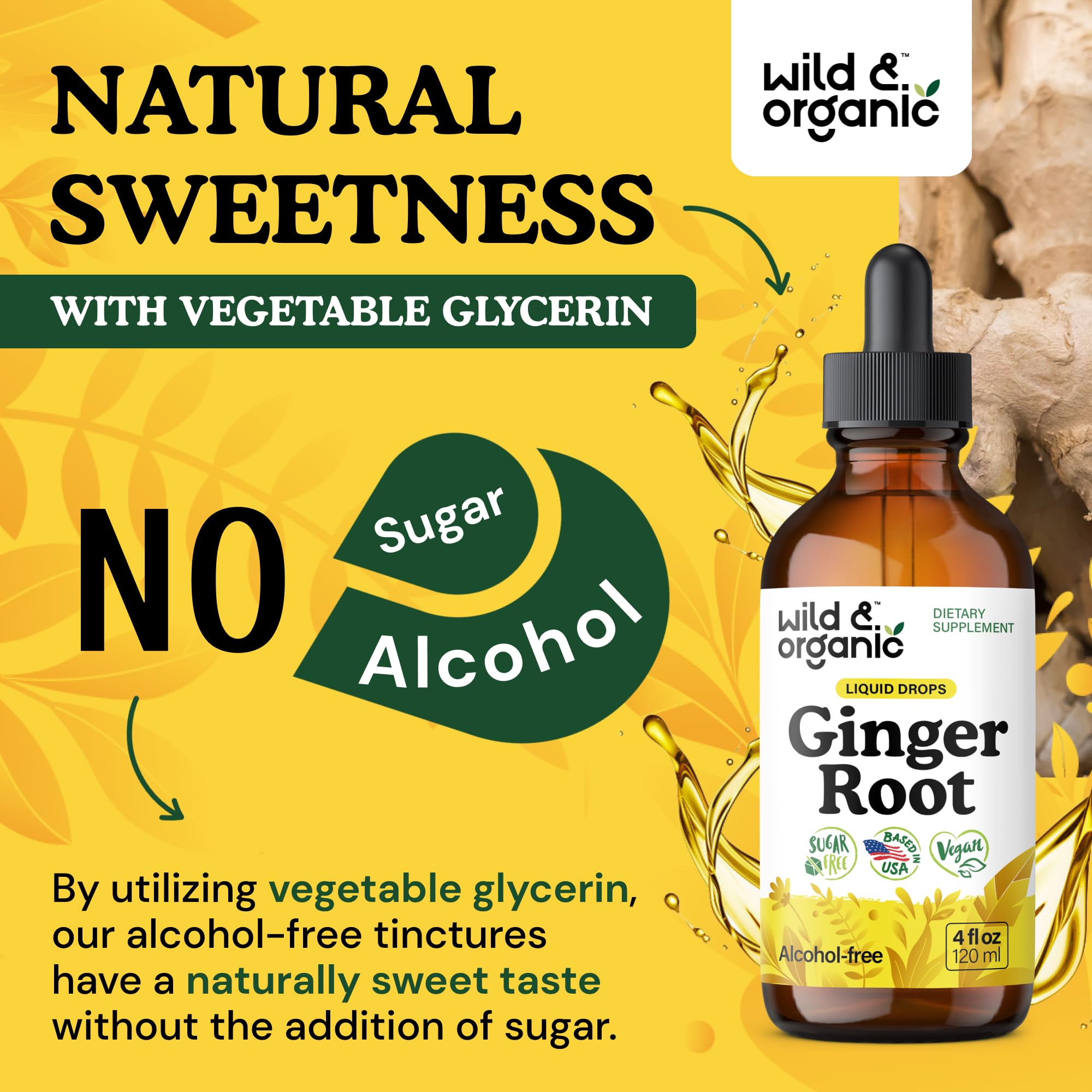Wild & Organic Ginger Root Extract Drops - Immune & Digestive Support - Liquid Ginger Supplements - Easy to Add to Tea - Vegan, Sugar & Alcohol-Free Tincture - 4 fl oz