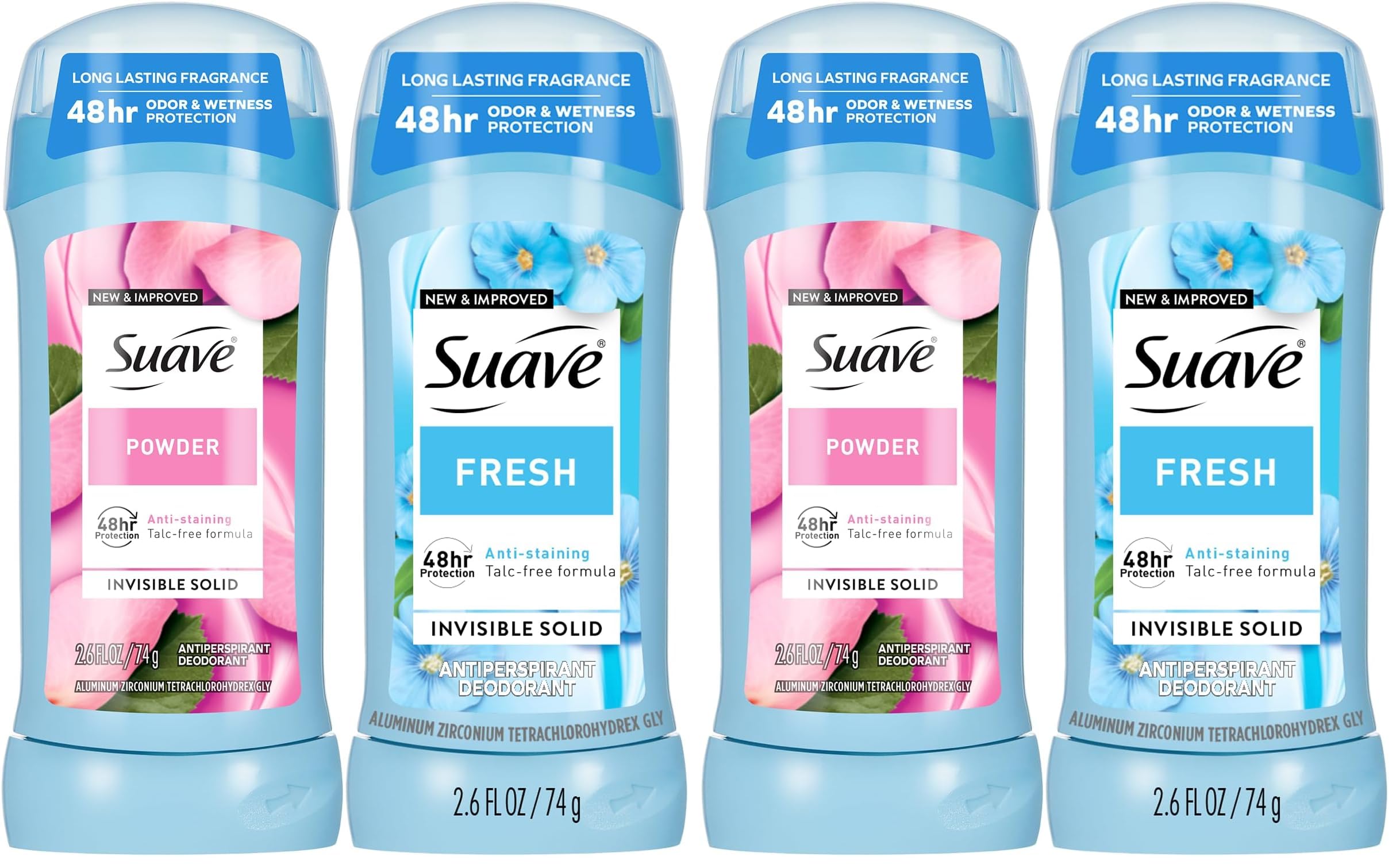 Suave Antiperspirant Deodorant for Women, Fresh & Powder Variety 2-Pack – Anti-Staining Invisible Solid Sticks, Talc-Free, 2.6 Oz Ea