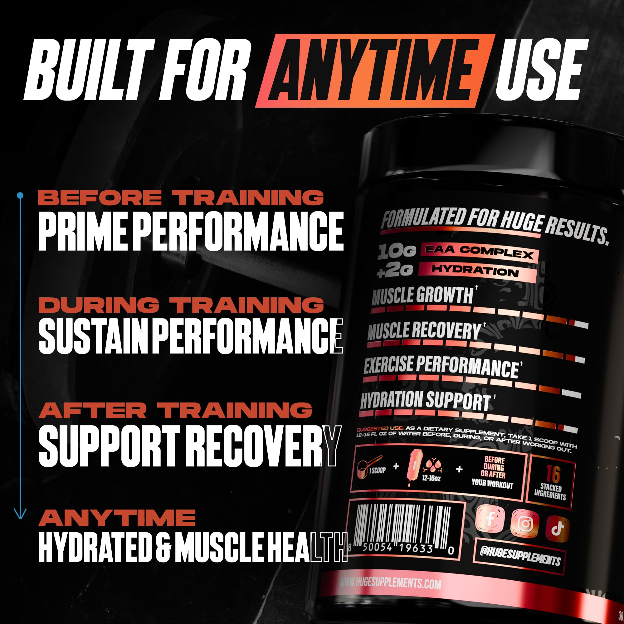 Huge EAA + Hydration, Essential Amino Acids Powder, EAAs & BCAAs, Intra & Post Workout Recovery Powder, Muscle Growth, Recovery & Performance, 10g EAAs & Electrolytes, Kiwi Blueberry, 30 Servings