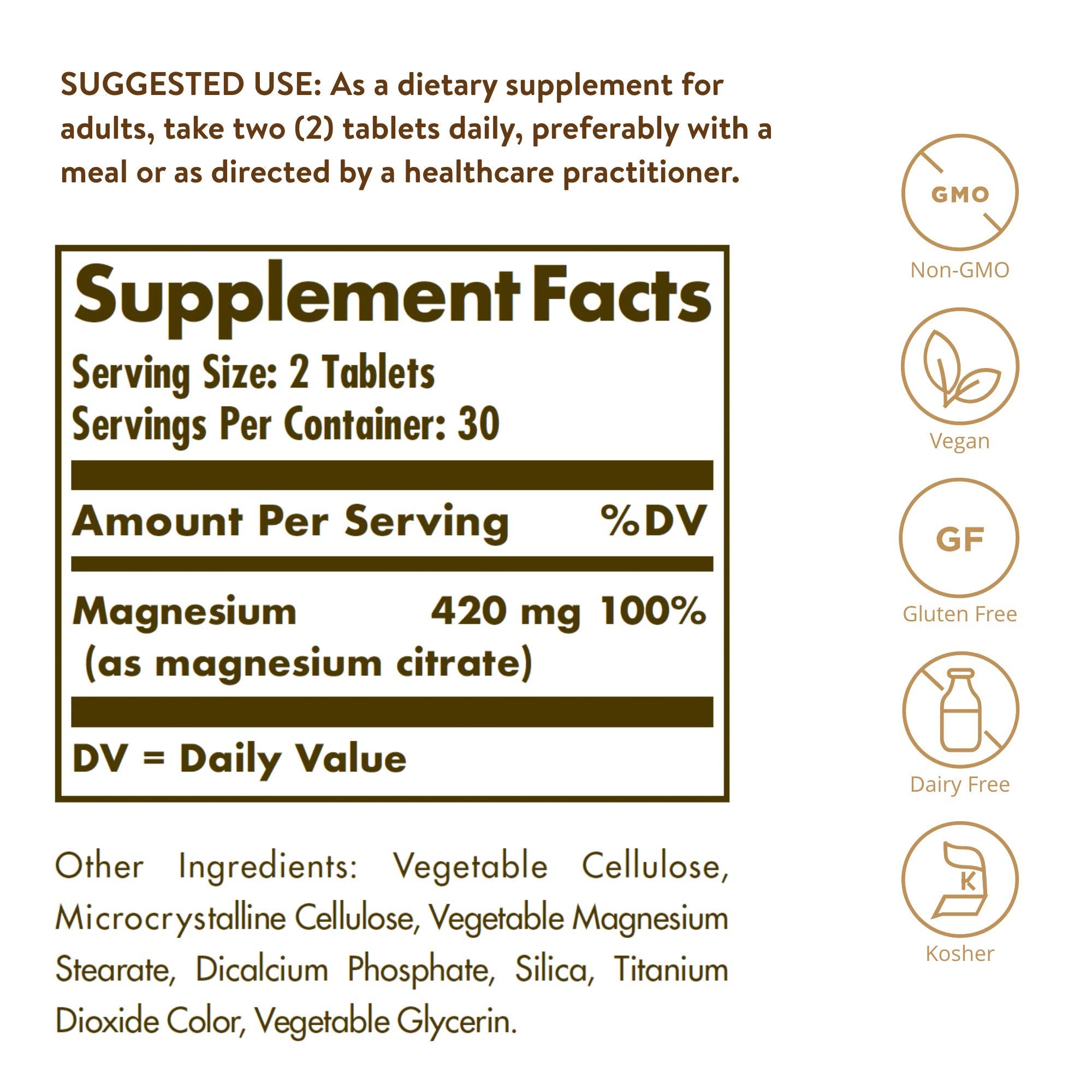 Solgar Magnesium Citrate, 120 Tablets - Promotes Healthy Bones - Supports Nerve & Muscle Function - Non GMO, Vegan, Gluten Free, Dairy Free, Kosher - 60 Servings, Standard Packaging