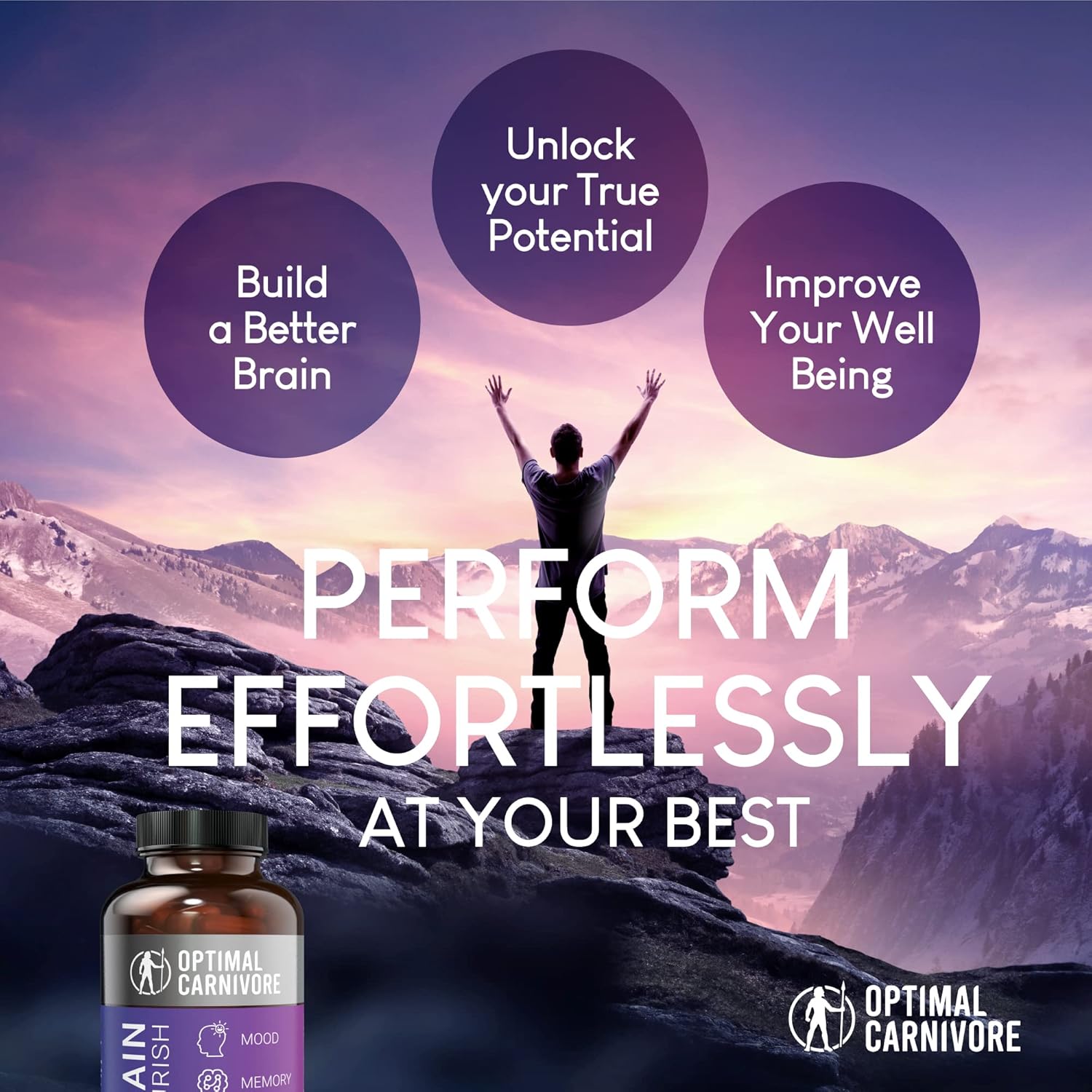 Optimal Carnivore Lions Mane Mushroom Supplement & Beef Brain, Powerful Nootropics Brain Support Supplement, Brain Supplements for Memory and Focus, 180 Capsules