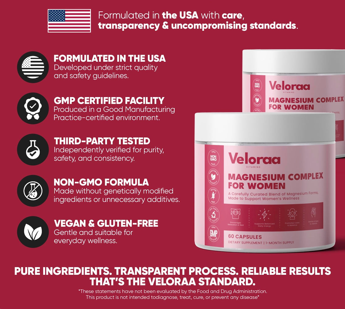 Veloraa Magnesium Complex for Women supplement jar with pink label on a white background