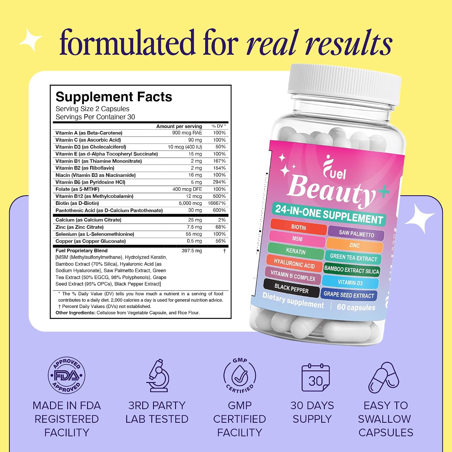 Fuel Beauty+ 24-in-1 Hair, Skin & Nails Vitamins for Women – 5000mcg Biotin, Hyaluronic Acid & Saw Palmetto – Daily Multivitamin for Hair Growth, Nail Strength & Skin Glow – 60 Capsules