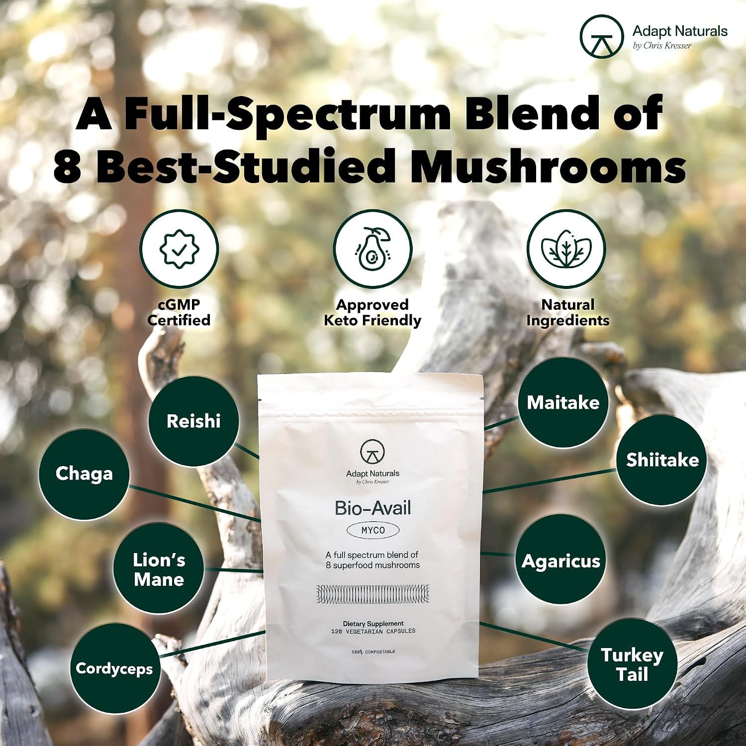 Adapt Naturals Bio-Avail Myco, 8-in-1 Superfood Mushroom Supplement Complex | Lions Mane, Chaga, Cordyceps, Reishi, Shiitake, Tremella, Turkey Tail, Maitake - Immune & Cognitive Function - 30 Day Supply