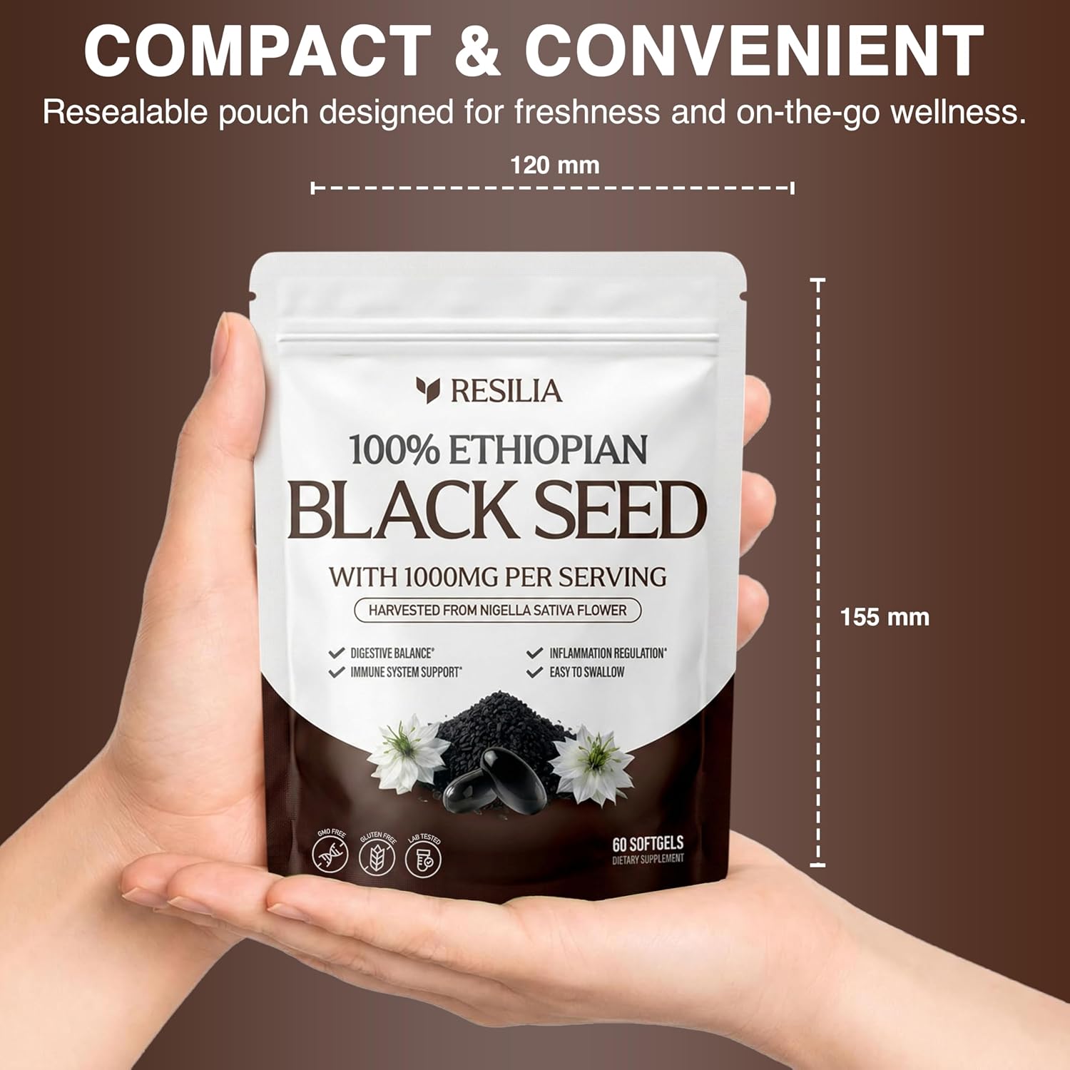Resilia Ethiopian Black Seed Softgels 1000mg Per Serving – Premium Nigella Sativa Seed Oil Supplement – Digestive & Immune Support Formula – Easy to Swallow Soft Capsules (60 Count)