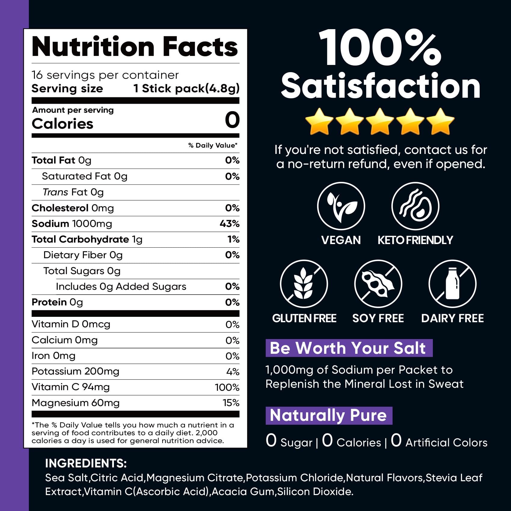Venture Pal High Sodium Sugar-Free Electrolytes Powder Packets, 16 Sticks | Hydration Packets with Sodium, Potassium & Magnesium, Zero Calories, Keto, Vegan, and Paleo Friendly