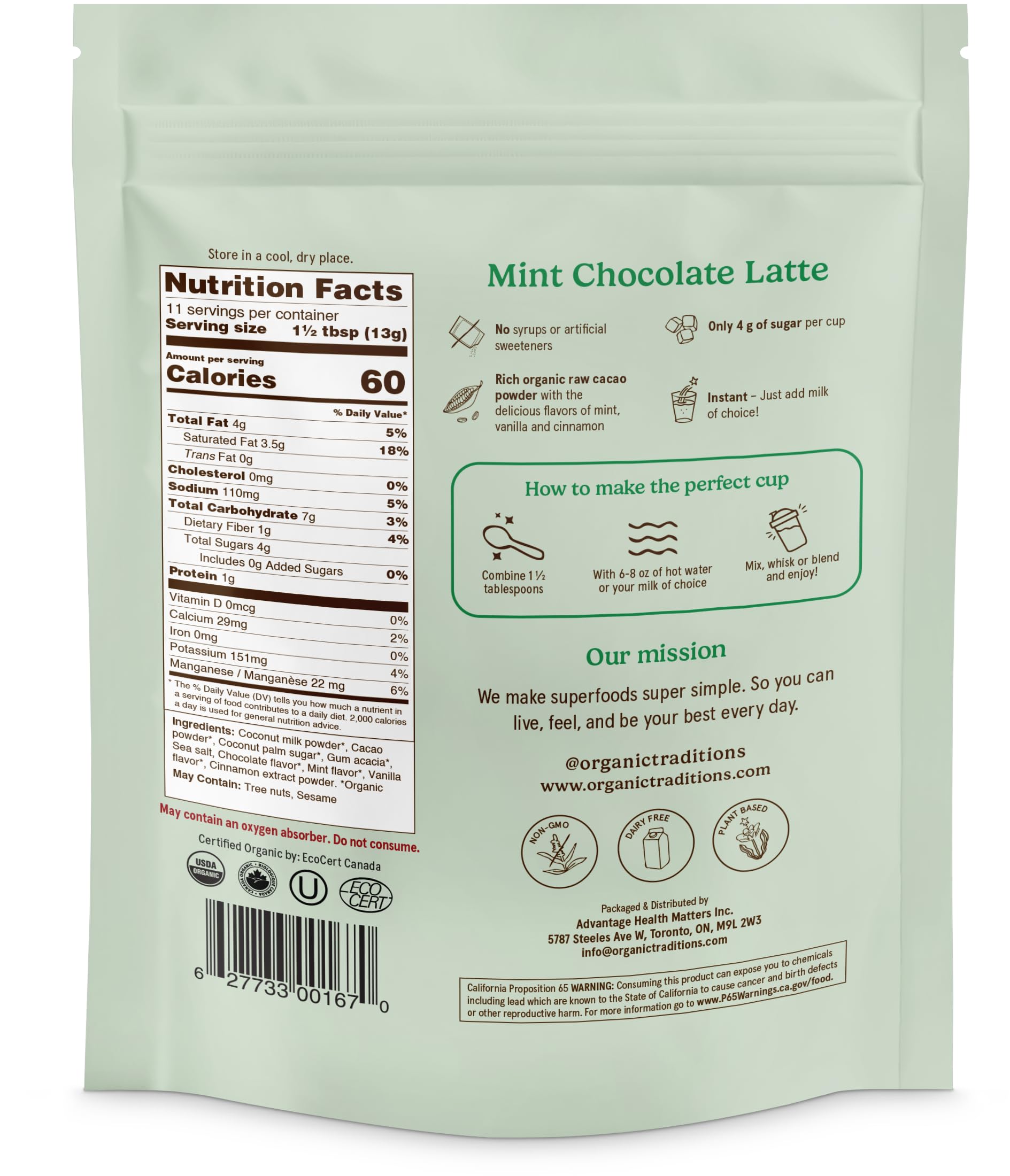 Organic Traditions Lavender Latte Calming Drink Mix, Caffeine Free Latte Blend with Lavender Powder, Tart Cherry, Probiotics, Reishi, and Ashwandha, Evening Beverage for Gentle Wind Down, 150g / 5.3oz