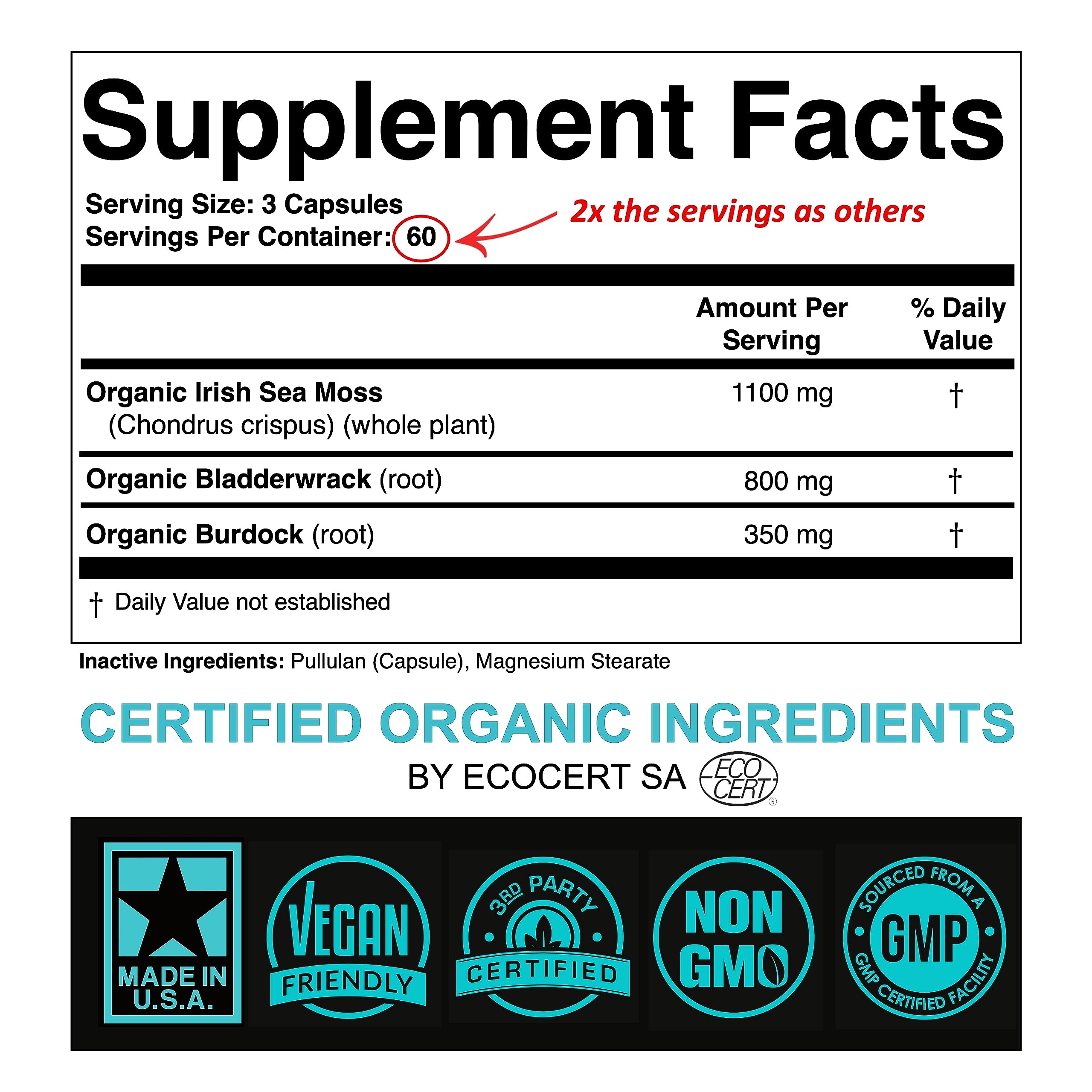 SPARTIS Certified Organic Sea Moss Capsules 2250mg Wildcrafted Irish Sea Moss Burdock Root Bladderwrack Supplement Raw Seamoss Pills & Powder (Pack of 1 at 180-Caps) SPARTISBuy Supplements Australia