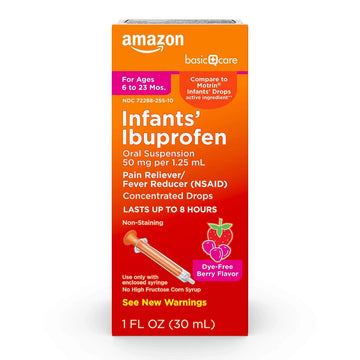 Amazon Basic Care Infants' Ibuprofen Oral Suspension, Pain Reliever and Fever Reducer, 50 mg/1.25 mL, Berry Flavor Concentrated Drops, Dye-Free, 1 fl oz (Pack of 1) Amazon Basic CareBuy Supplements Australia