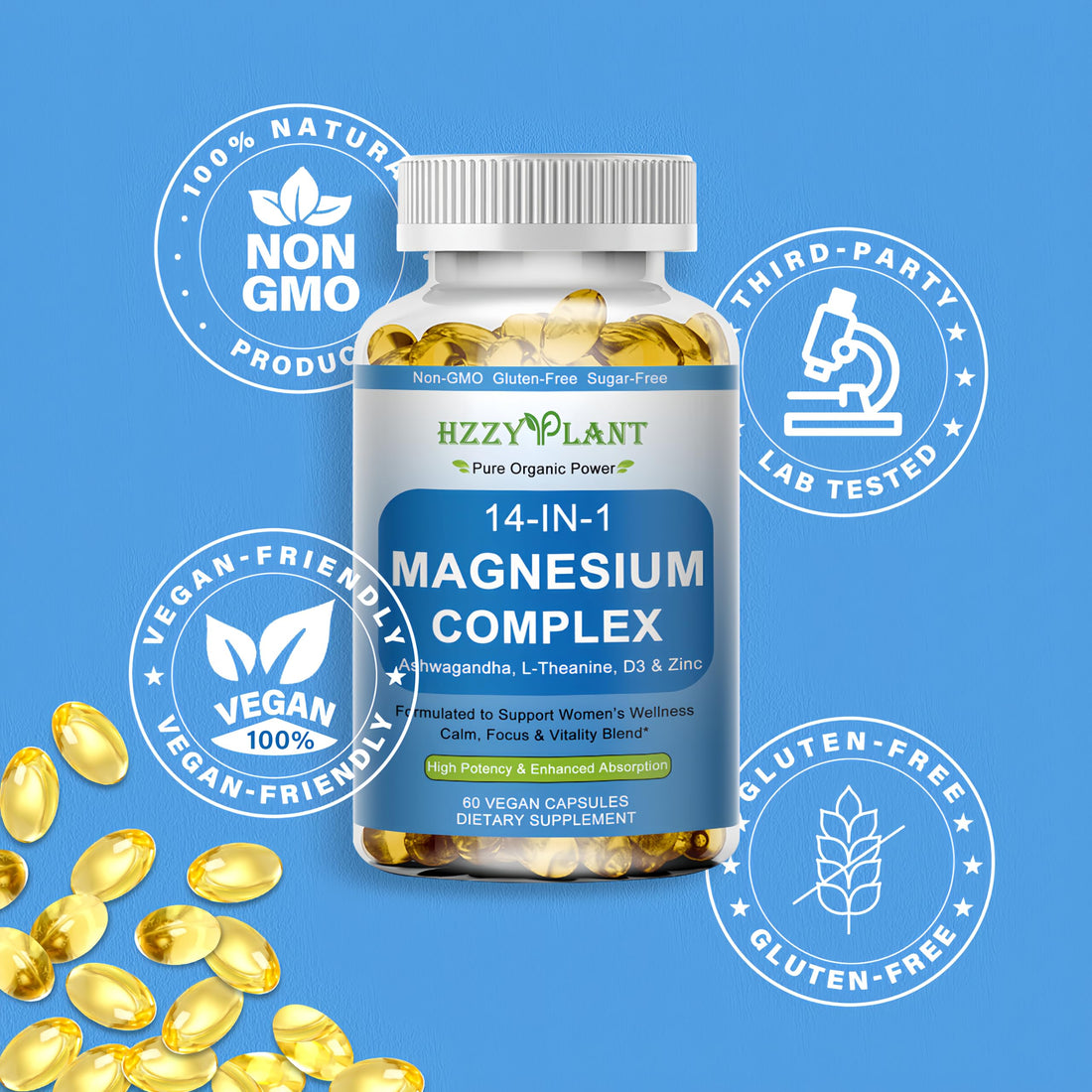 Bottle of HZZY PLANT 14-IN-1 Magnesium Complex supplement with yellow capsules on a white background
