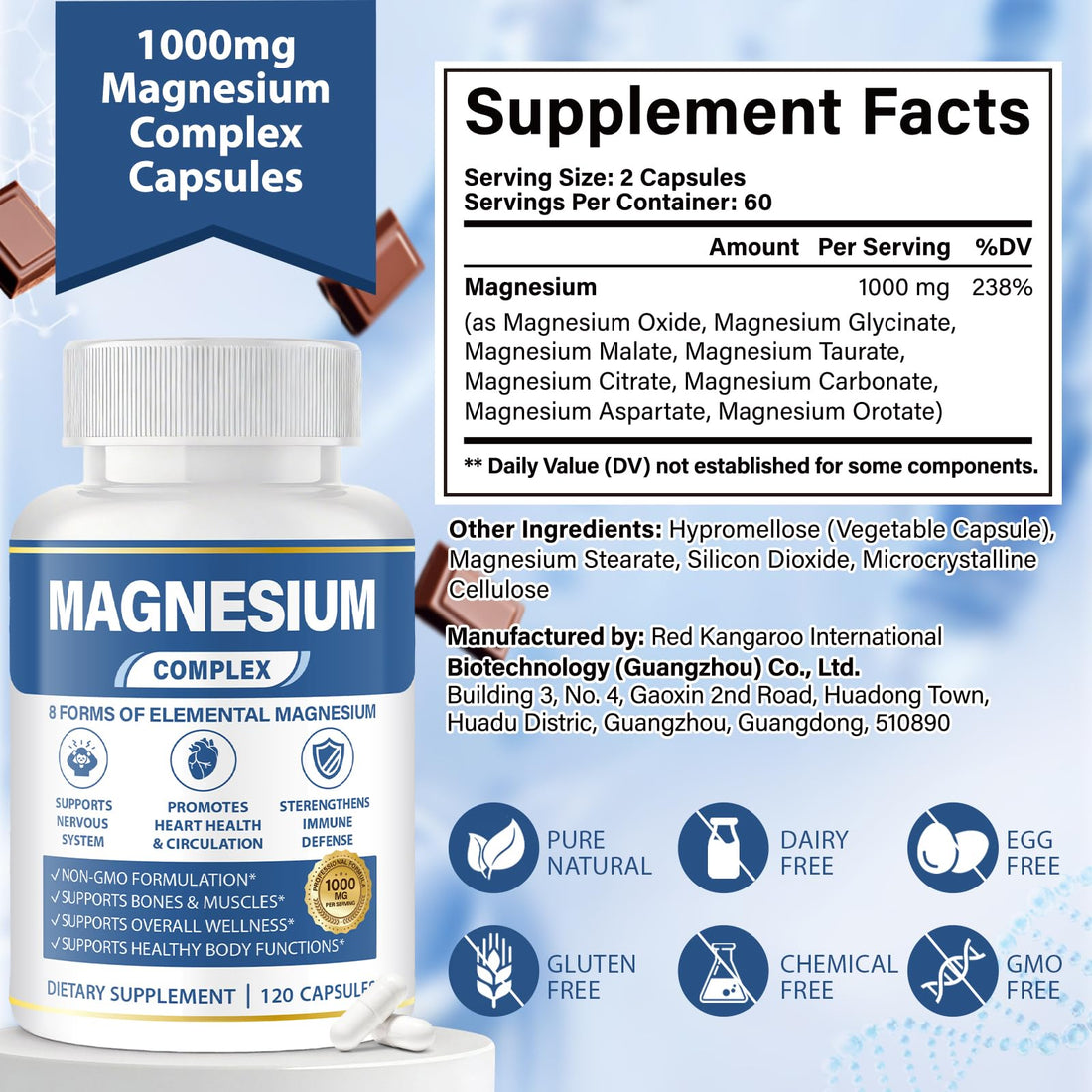 Bottle of magnesium supplement with health benefits listed, surrounded by nuts, chocolate, and avocado on a white background.