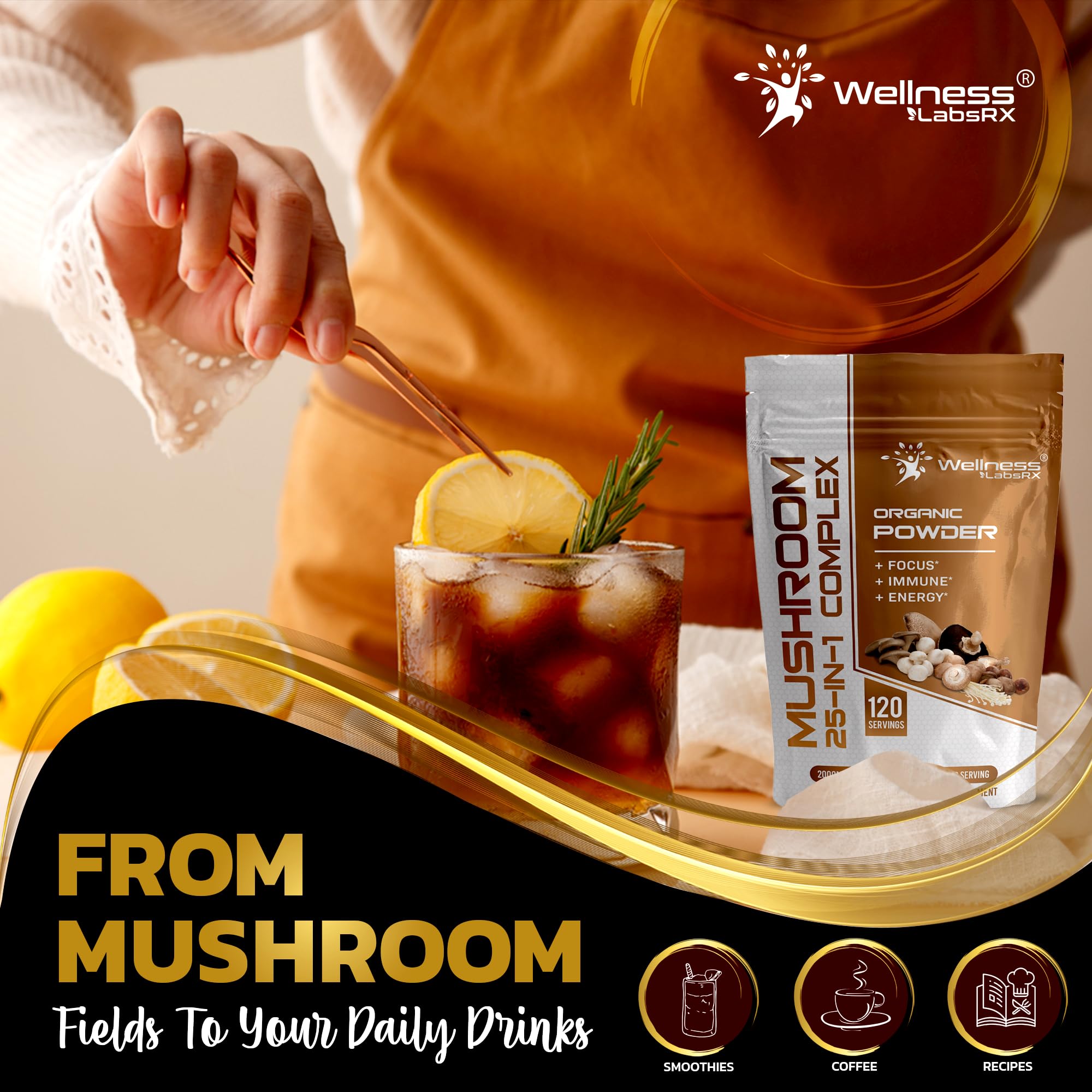 WELLNESS LABSRX Mushroom Powder, 25 in 1 Mushrooms Supplement - 2000mg, 25 Superfood Mishroom Lions Mane Powder with Chaga, Shiitake, Cordyceps, Reishi - Lion's Mane Mushroom - 120 Servings