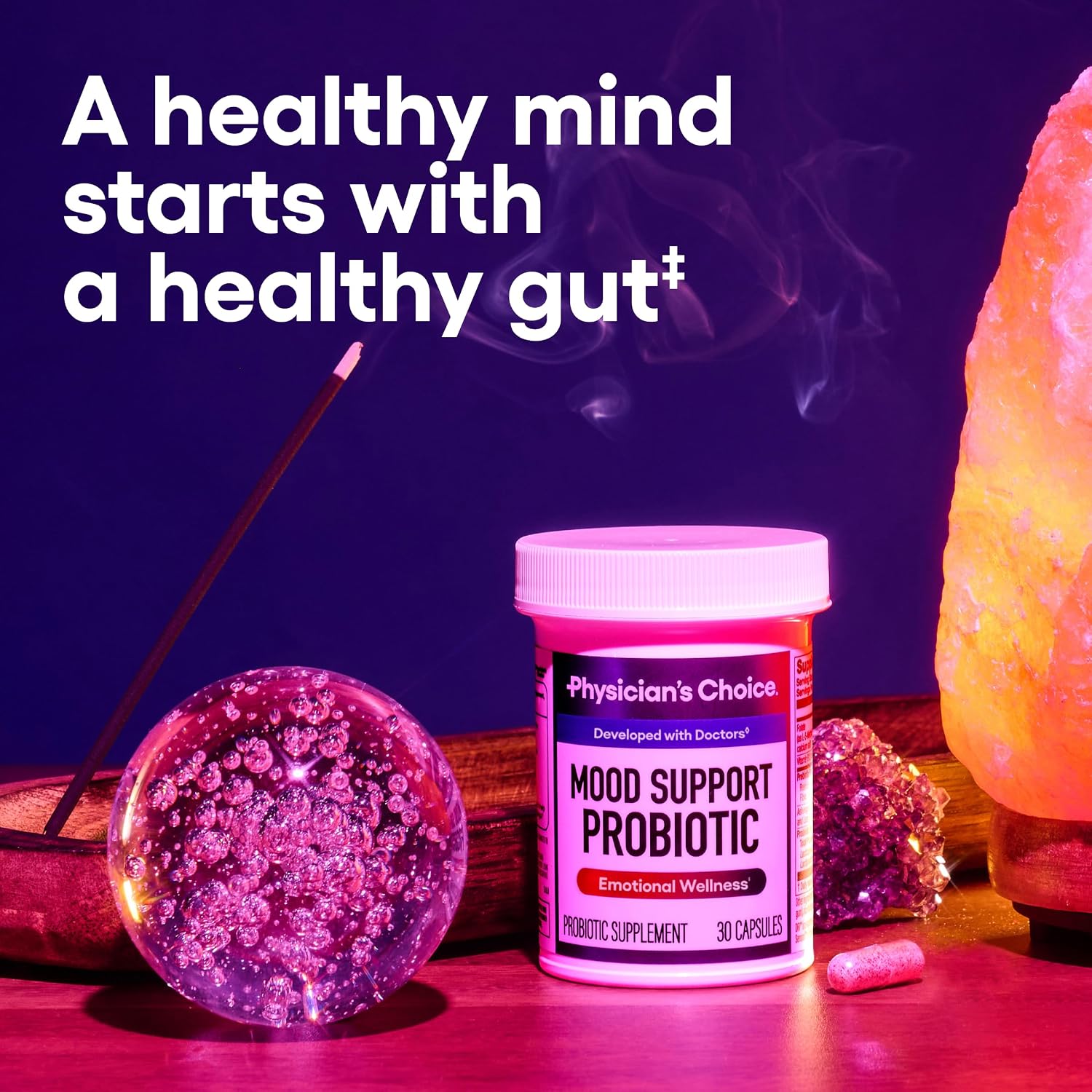 Physician's CHOICE Mood Support Probiotic - Supports a Balanced Mood, Healthy Stress Response & Digestive Health with Prebiotics, Ashwagandha, Vitamin B12, Folate - for Men & Women - 30ct