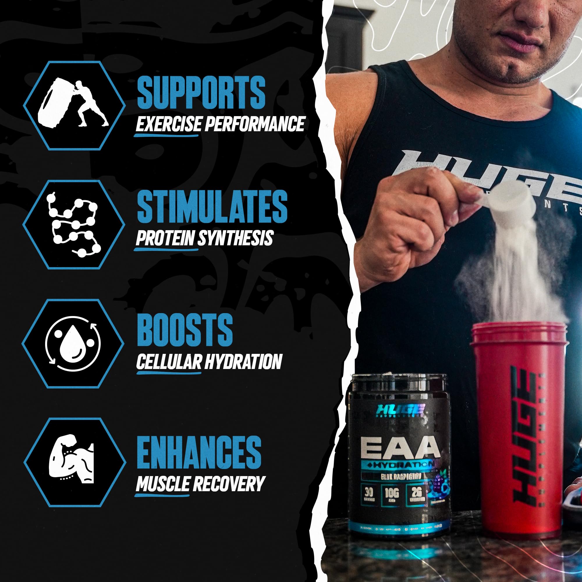 Huge EAA + Hydration, Essential Amino Acids Powder, EAAs & BCAAs, Intra & Post Workout Recovery Powder, Muscle Growth, Recovery & Performance, 10g EAAs & Electrolytes, Kiwi Blueberry, 30 Servings