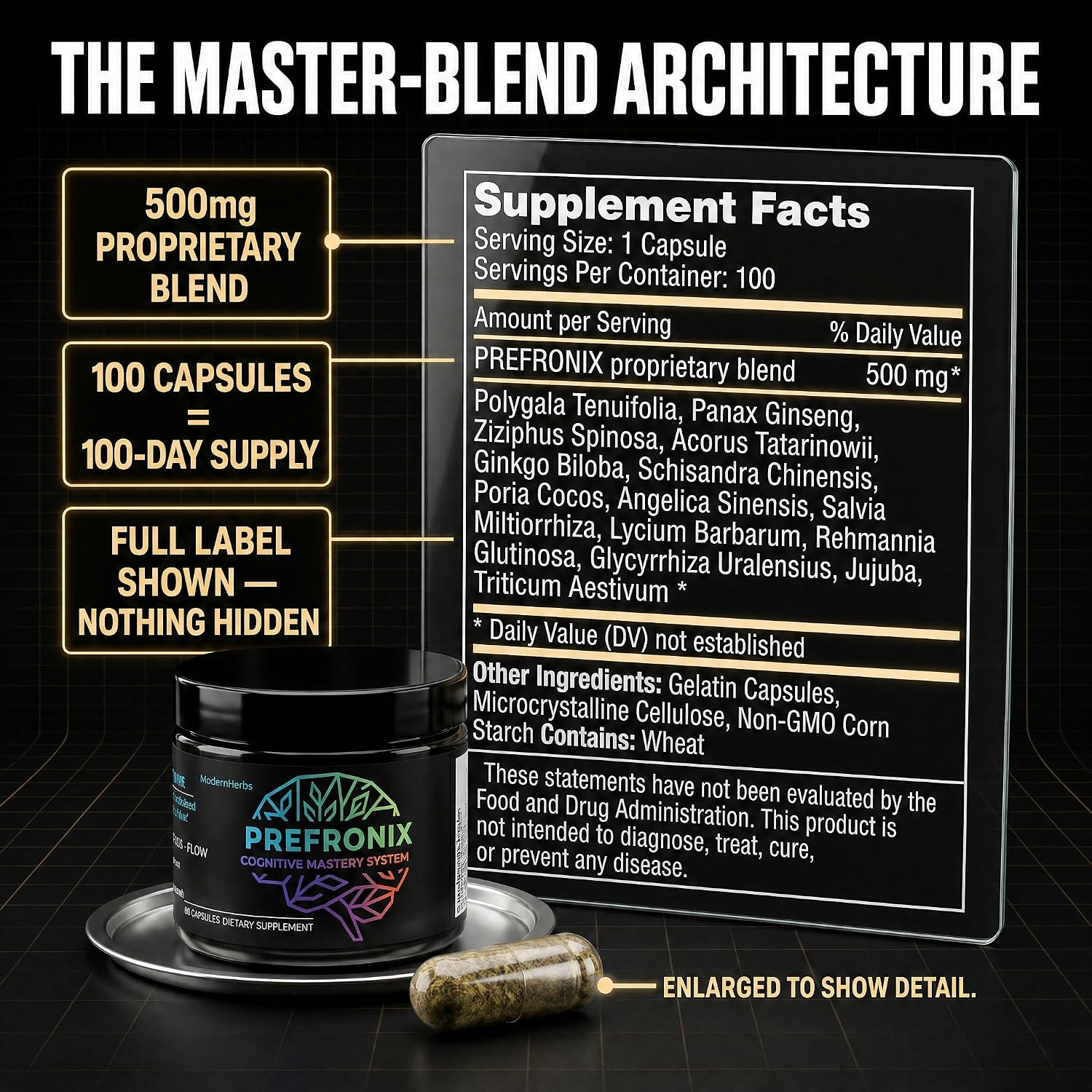 Prefronix Nootropic Brain Supplement, Ginkgo Biloba, Memory & Cognitive | 100-Day Supply; Caffeine-Free Daily Focus; 14 Botanicals for Men, Women and Seniors; GMP-Certified Quality