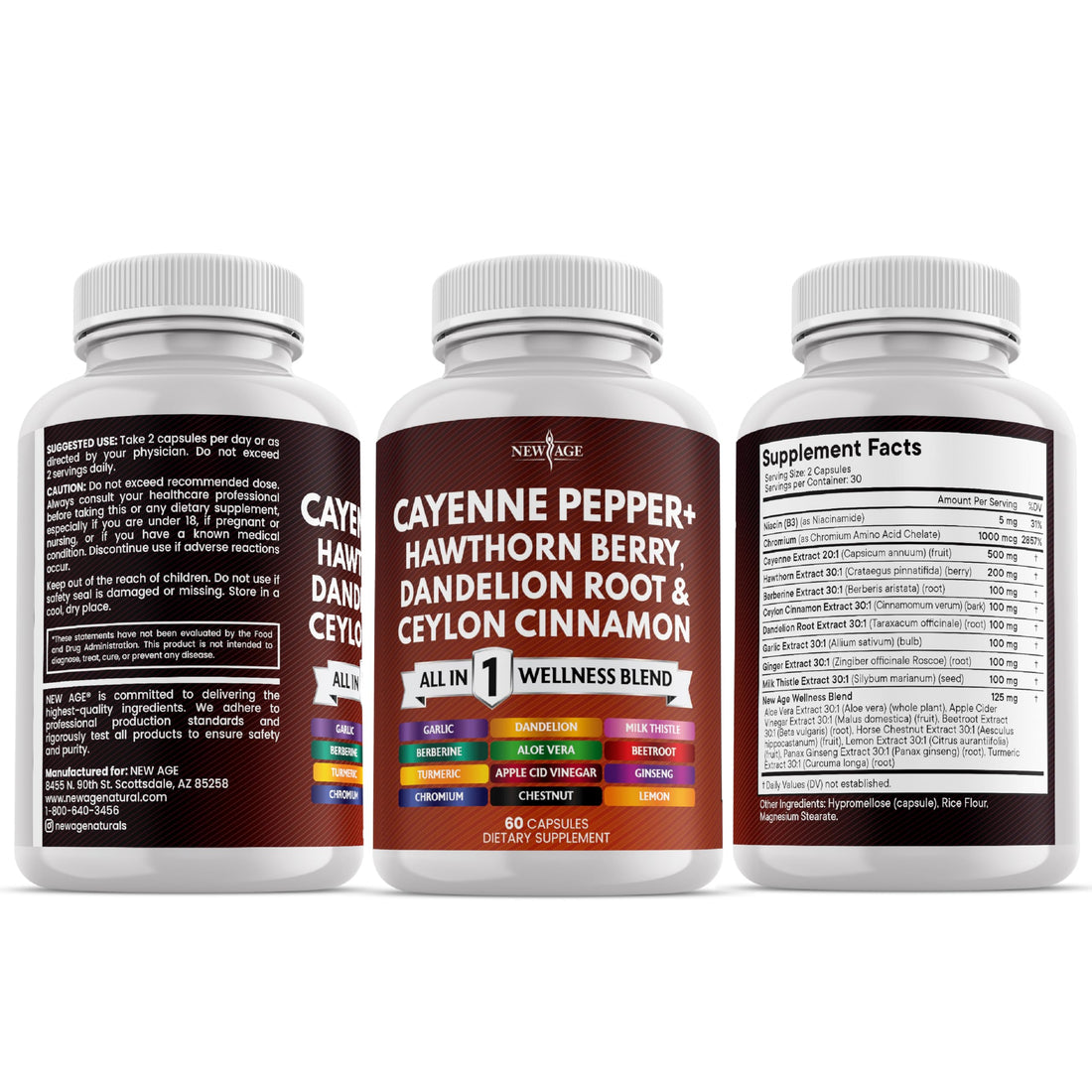 Two bottles of New Age Cayenne Pepper + Hawthorn Berry, Dandelion Root & Ceylon Cinnamon supplement on a white background.