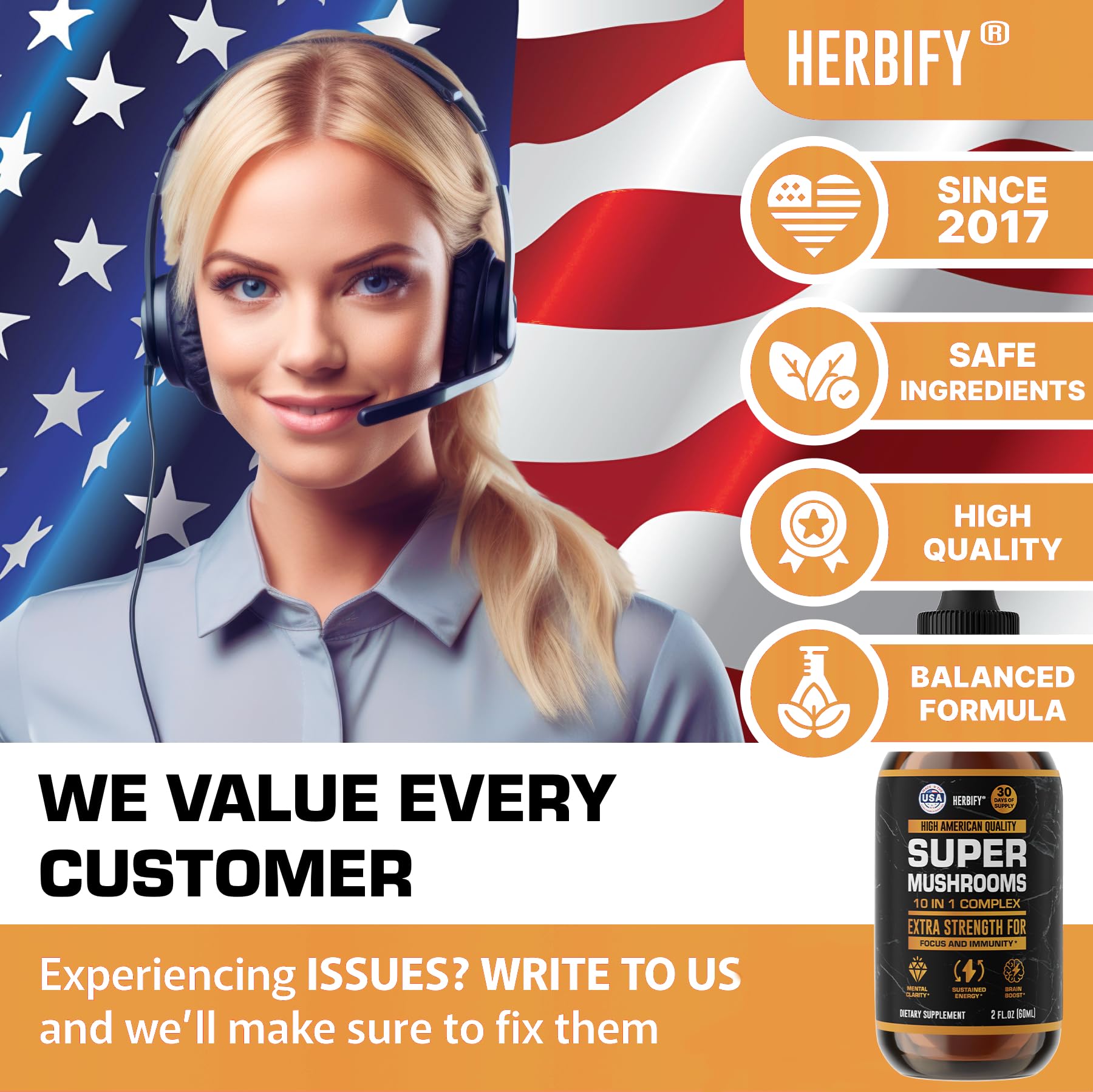HERBIFY Lions Mane Supplement - Daily Mushroom Supplement for Memory, Focus & Clarity - Brain Booster - Lions Mane Tincture for Immune Support - 4 Fl oz