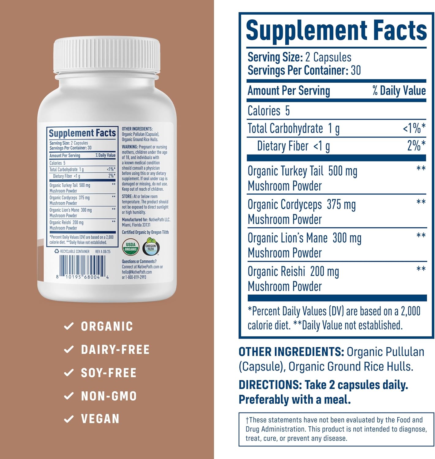 NativePath Mushroom Complex, Organic, Lion's Mane & Cordyceps, 60 Count | Turkey Tail, Reishi & Beta-Glucans, Supports Immune, Focus & Energy, Vegan, Nootropic Blend