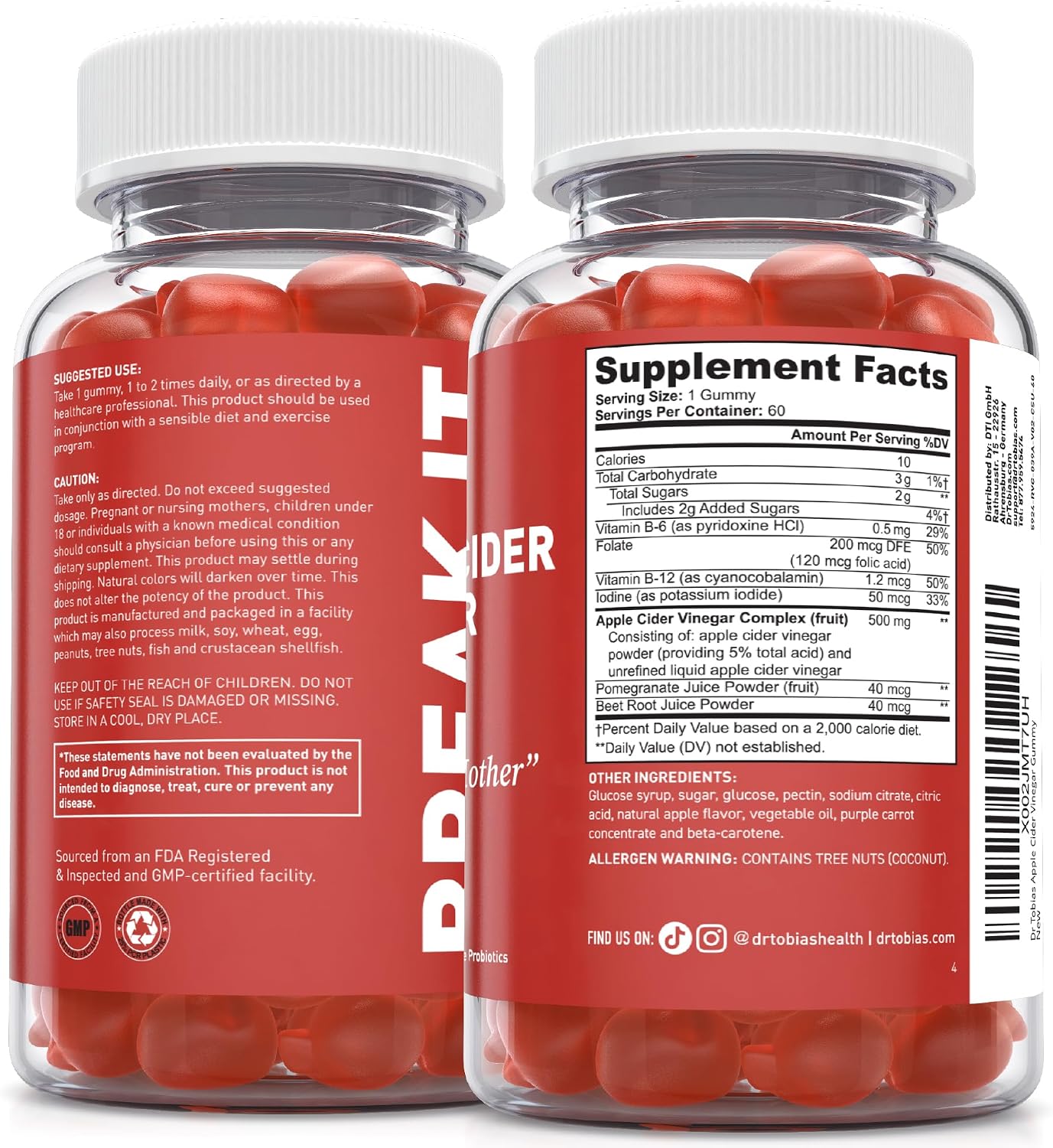 Dr. Tobias Apple Cider Vinegar Gummies with The Mother 60 Count | Digestive & Daily Wellness Support | 500 mg ACV | Folate + B6 + B12 + Iodine | Vegan | 30 Servings