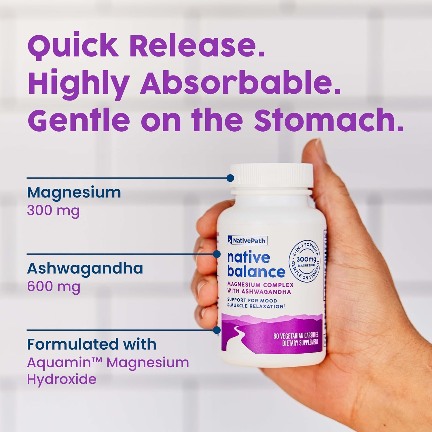 NativePath Balance Magnesium Glycinate with Ashwagandha, 60 Capsules | High-Absorption Chelated Form, Supports Calm, Relaxation, Restful Sleep, Muscle & Recovery, Adults